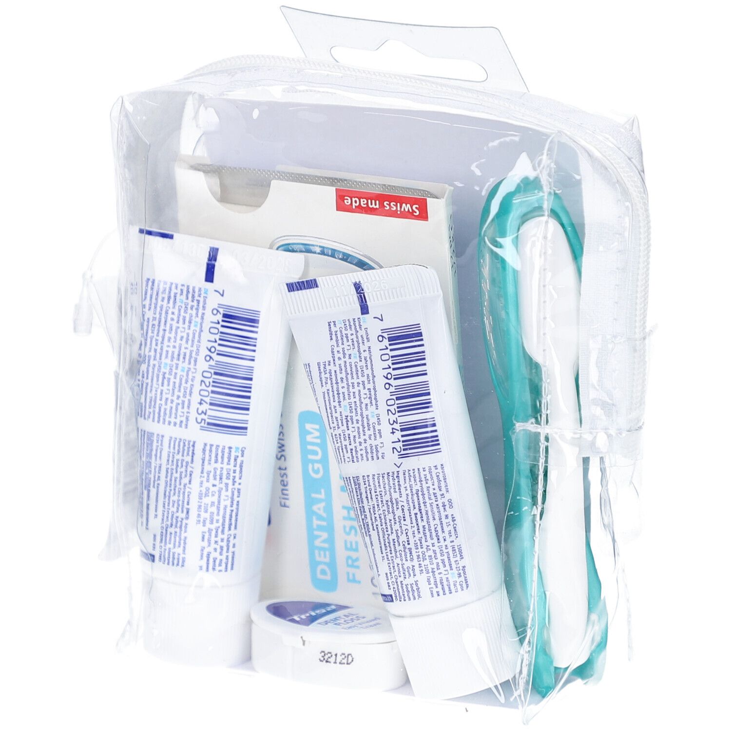 Trousse de voyage avec dentifrice, brosse à dents, fil dentaire et chewing-gum. Emballé dans un sac transparent. Swiss made.