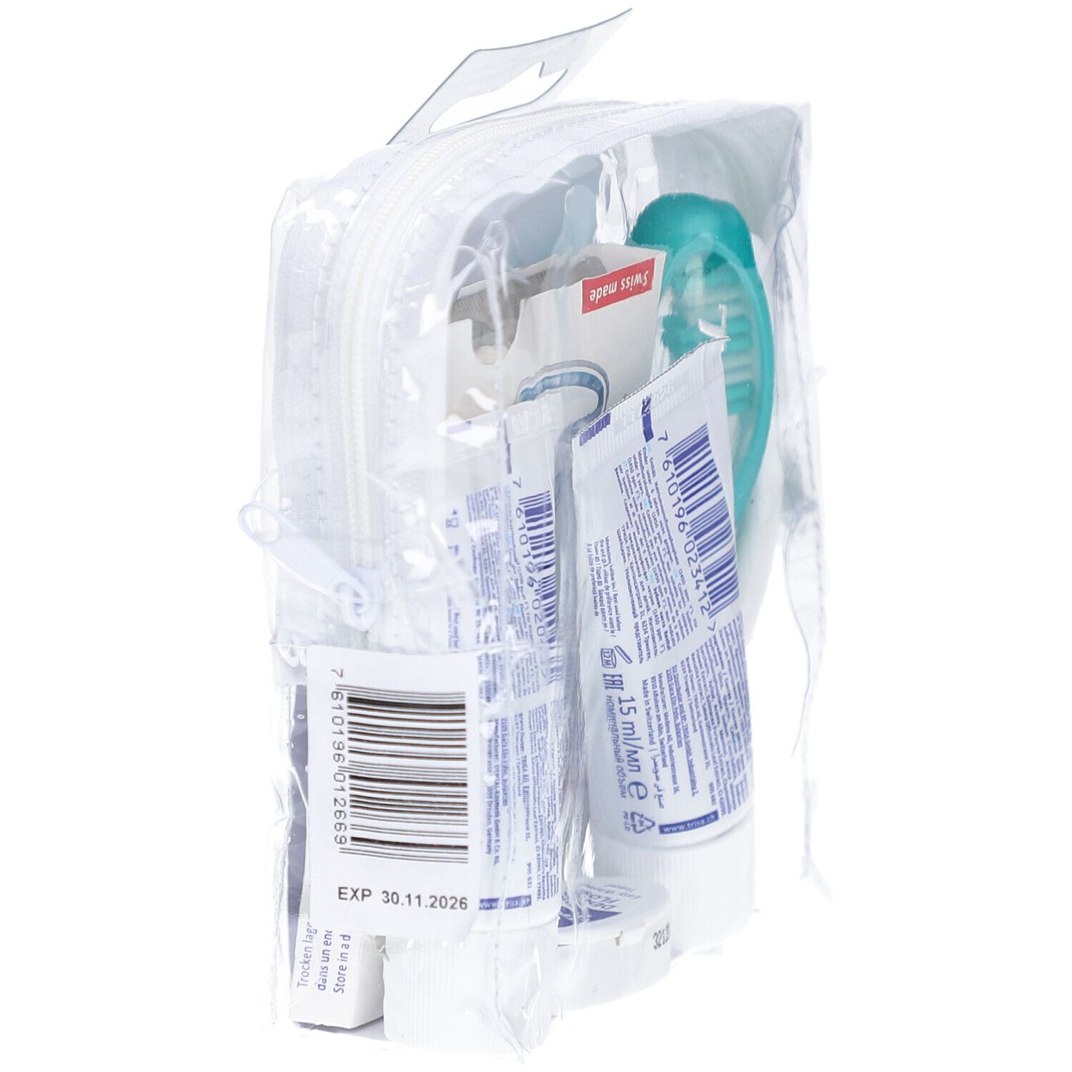 Trousse de voyage avec dentifrice, brosse à dents, fil dentaire et chewing-gum. Emballé dans un sac transparent. Expiration 30.11.2026.