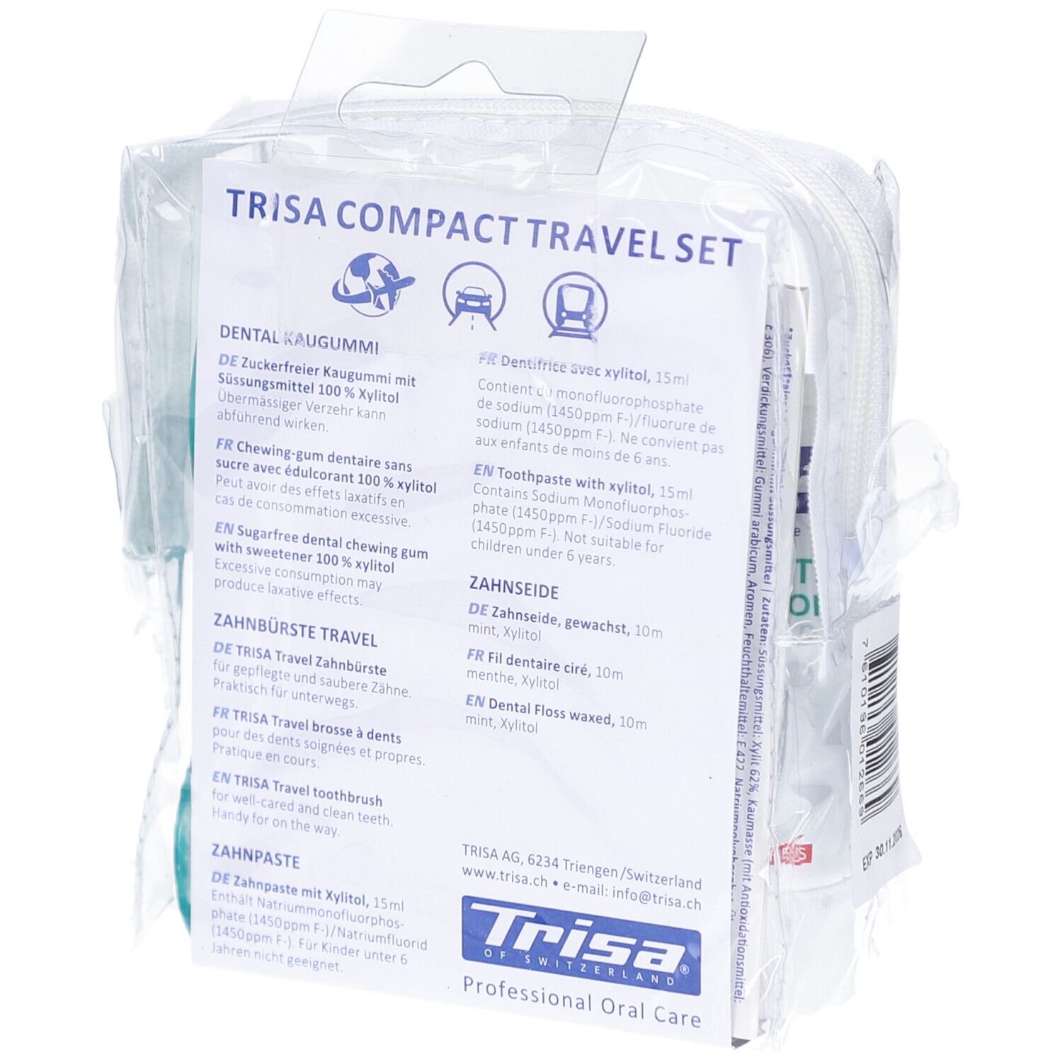 Dos de la trousse de voyage avec informations sur le produit. Contient dentifrice, brosse à dents, fil dentaire et chewing-gum. Marque : Trisa.