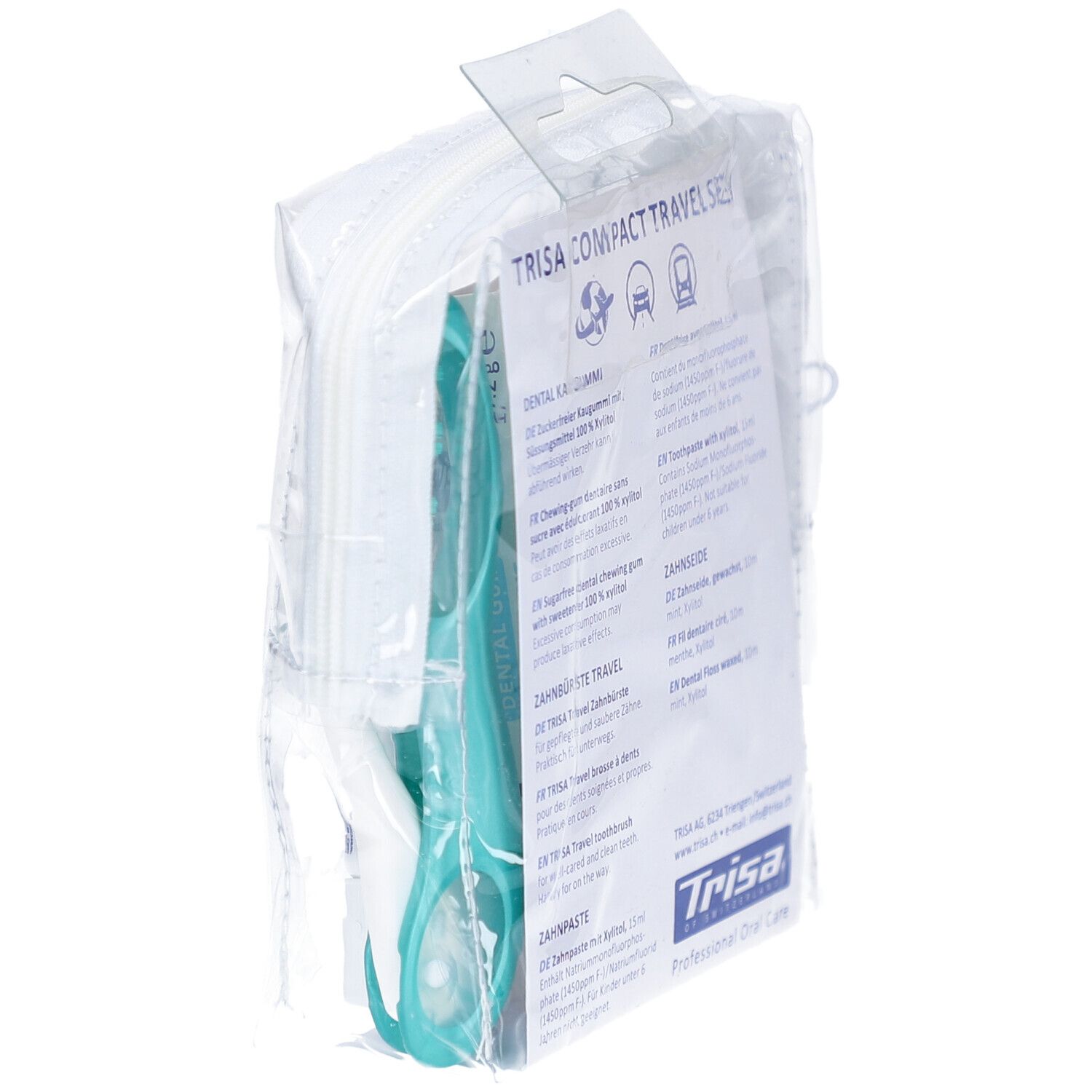 Trousse de voyage avec brosse à dents, fil dentaire et chewing-gum. Emballé dans un sac transparent. Marque : Trisa.