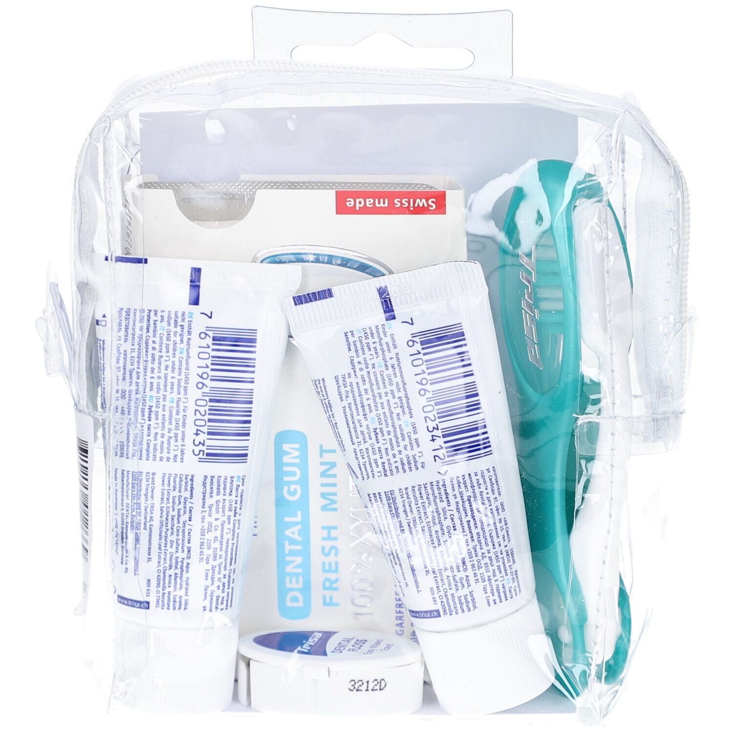 Trousse de voyage avec dentifrice, brosse à dents, fil dentaire et chewing-gum. Emballé dans un sac transparent. Swiss made.