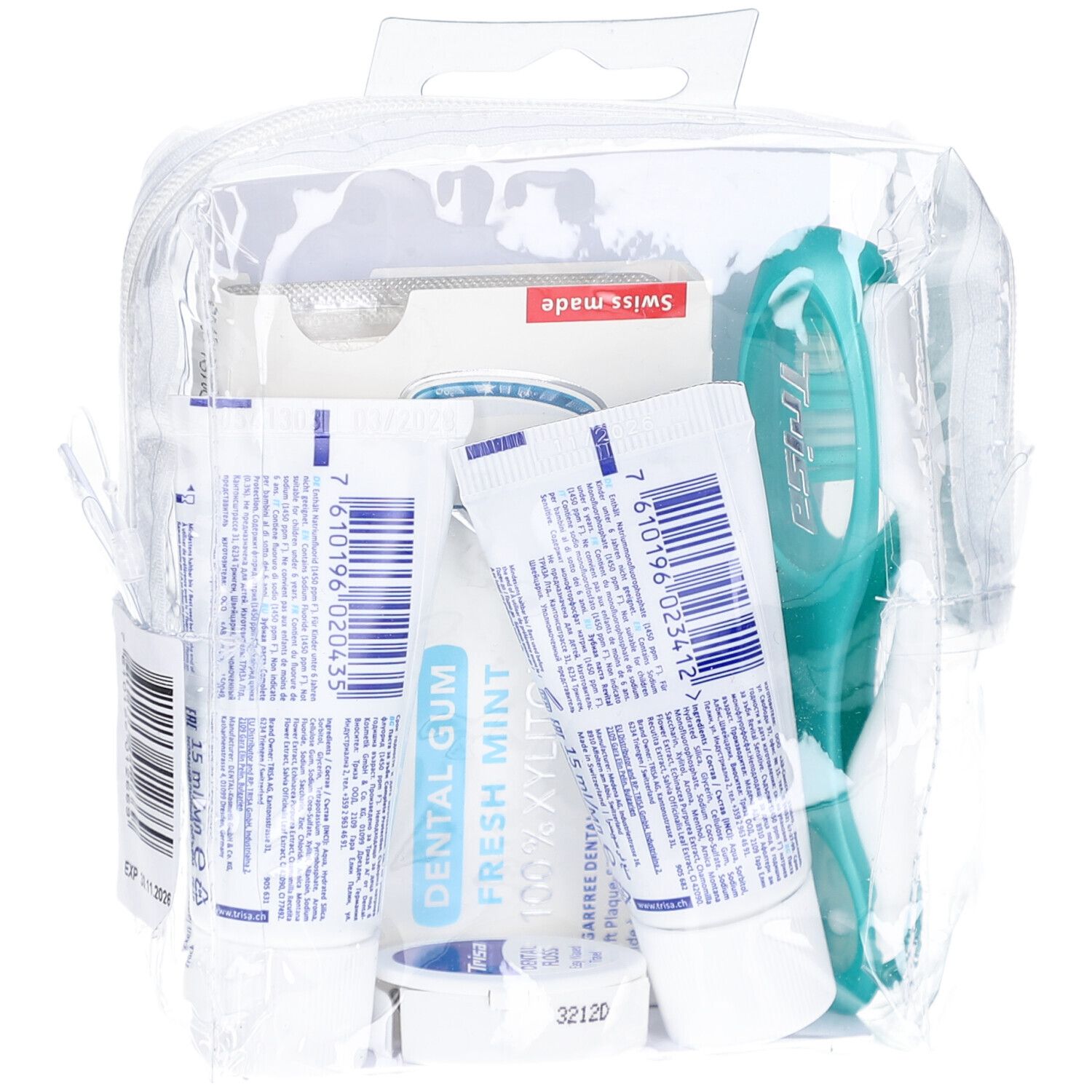 Trousse de voyage avec dentifrice, brosse à dents, fil dentaire et chewing-gum. Emballé dans un sac transparent. Swiss made.