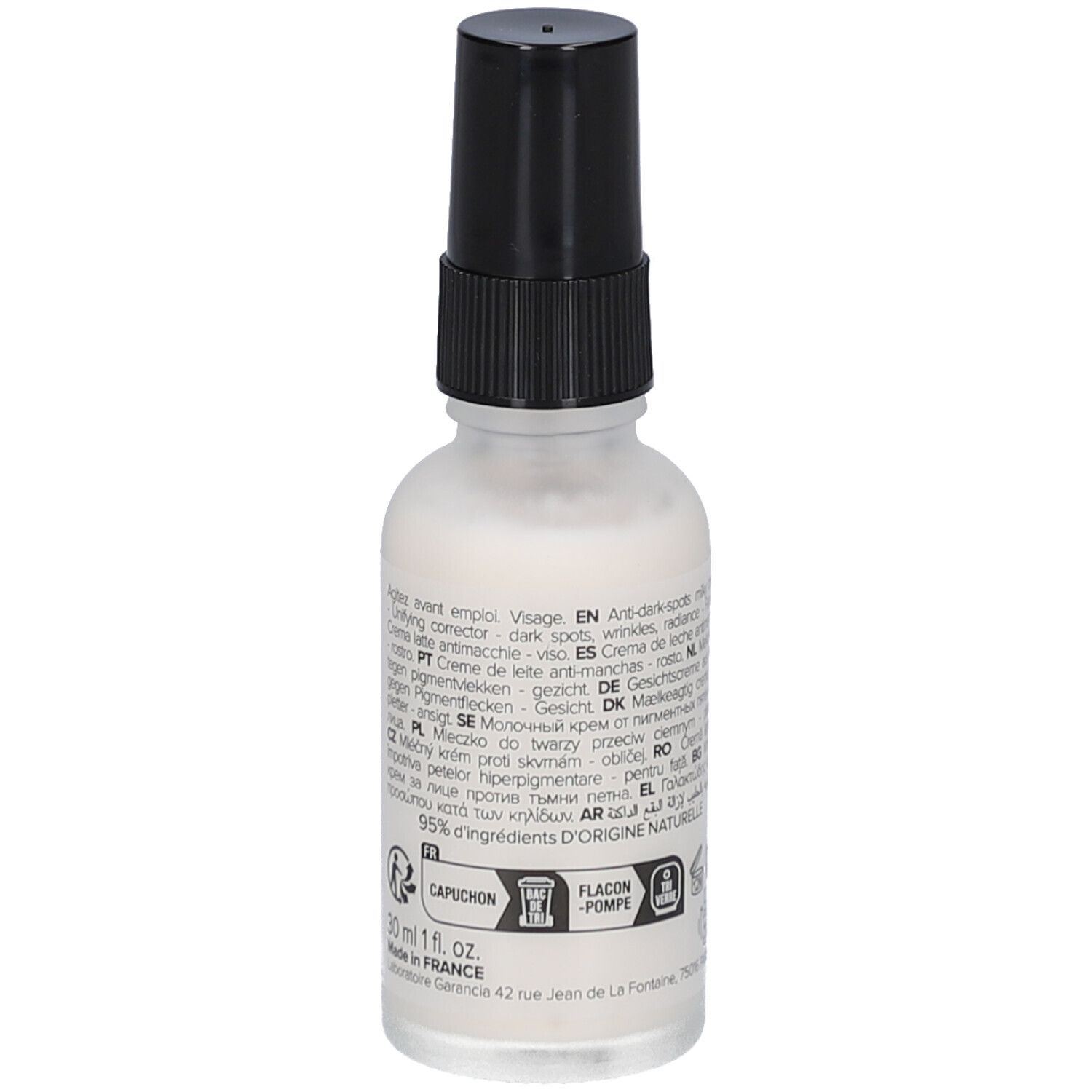 Flacon crème lactée avec bouchon noir. Texte et logos au dos.
