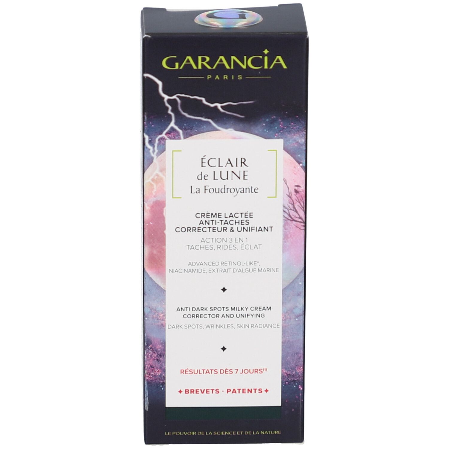 Emballage du produit. Inscriptions: GARANCIA, ÉCLAIR de LUNE, Crème Anti-Taches. Design lunaire.