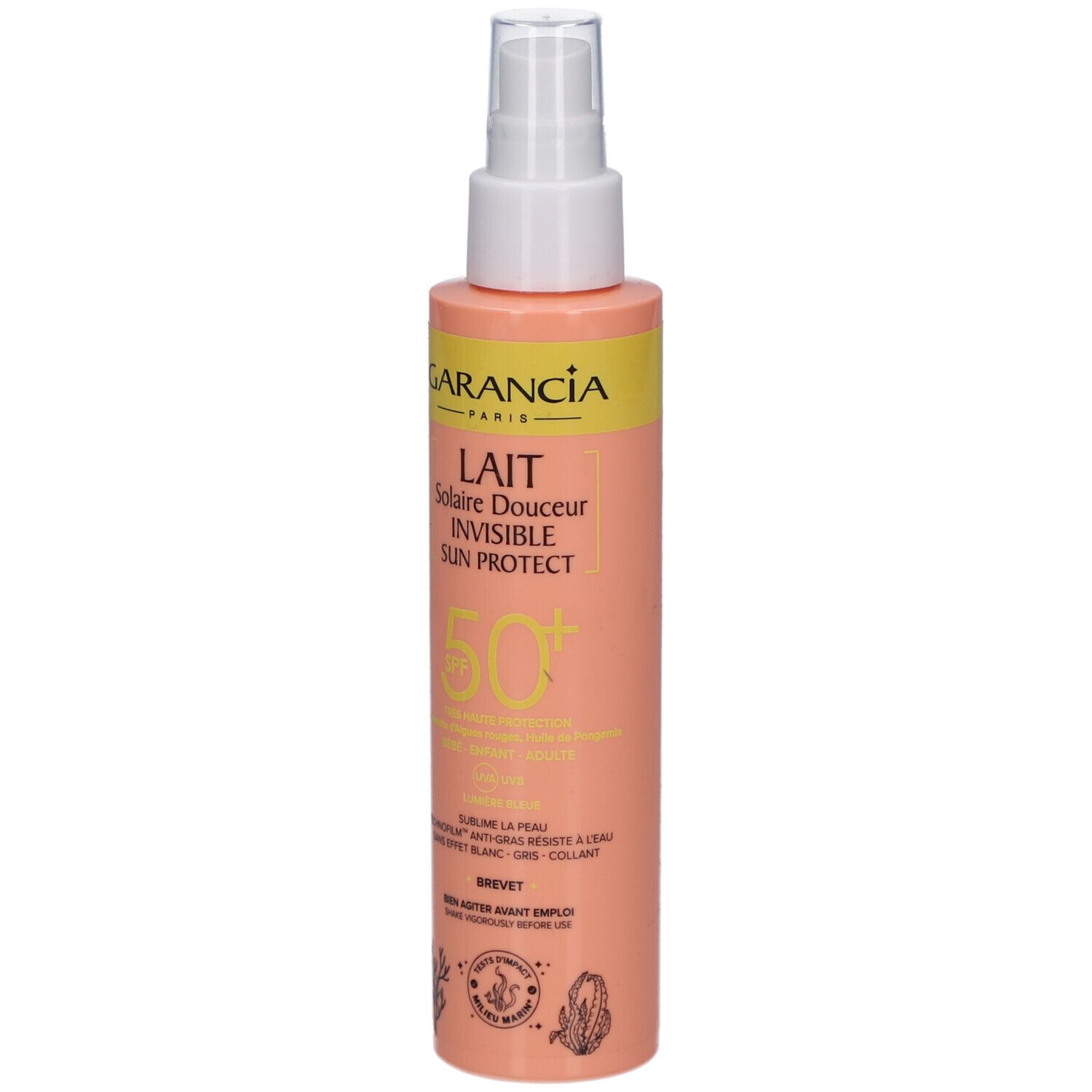 Spray solaire avec tête de pulvérisation. Inscription: GARANCIA, Lait Solaire Douceur Invisible Sun Protect, SPF 50.