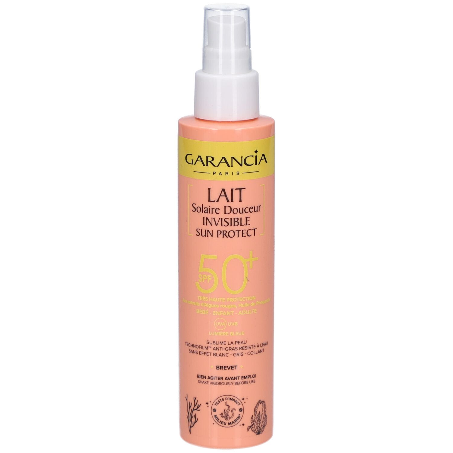 Spray solaire avec tête de pulvérisation. Inscription: GARANCIA, Lait Solaire Douceur Invisible Sun Protect, SPF 50.