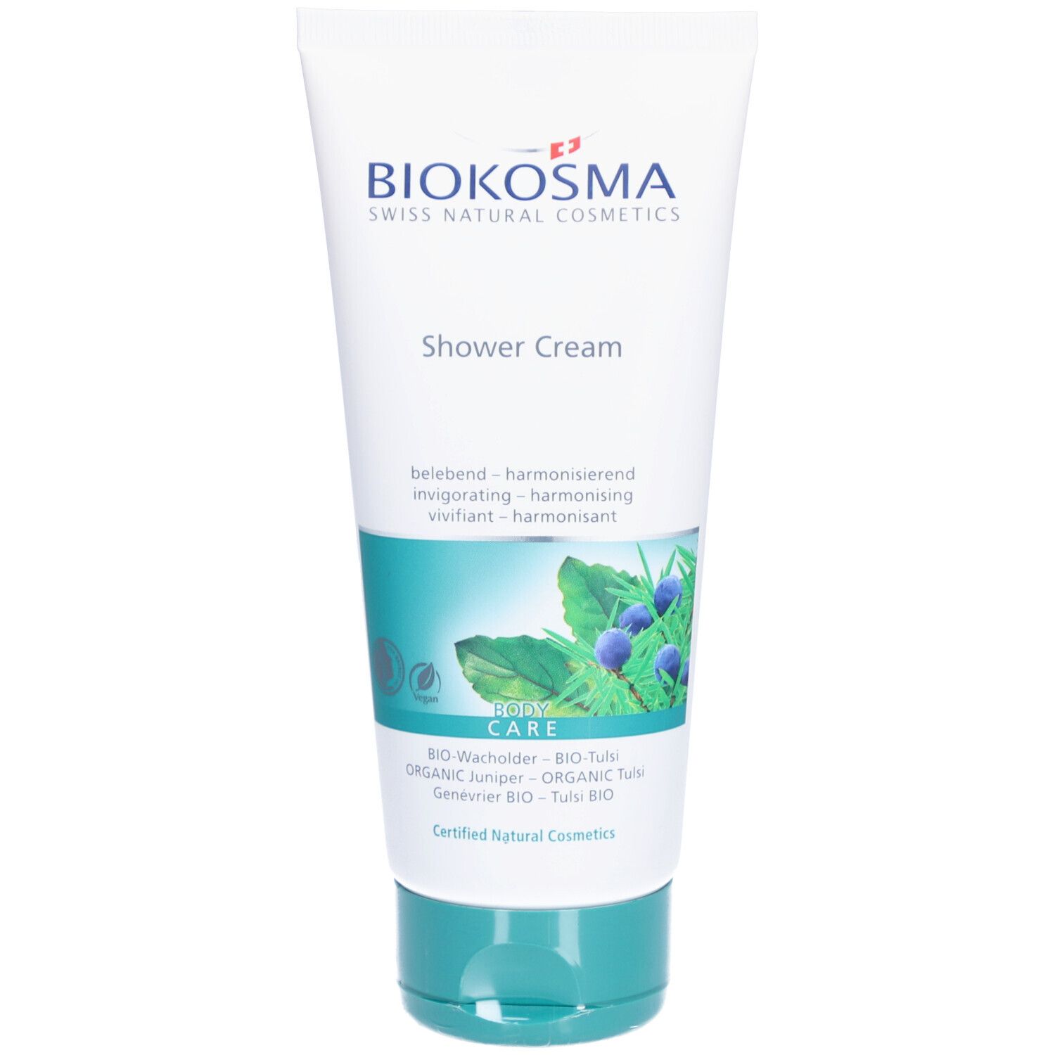 Tube de Biokosma Shower Cream. Blanc, bouchon turquoise. Inscriptions et illustrations.