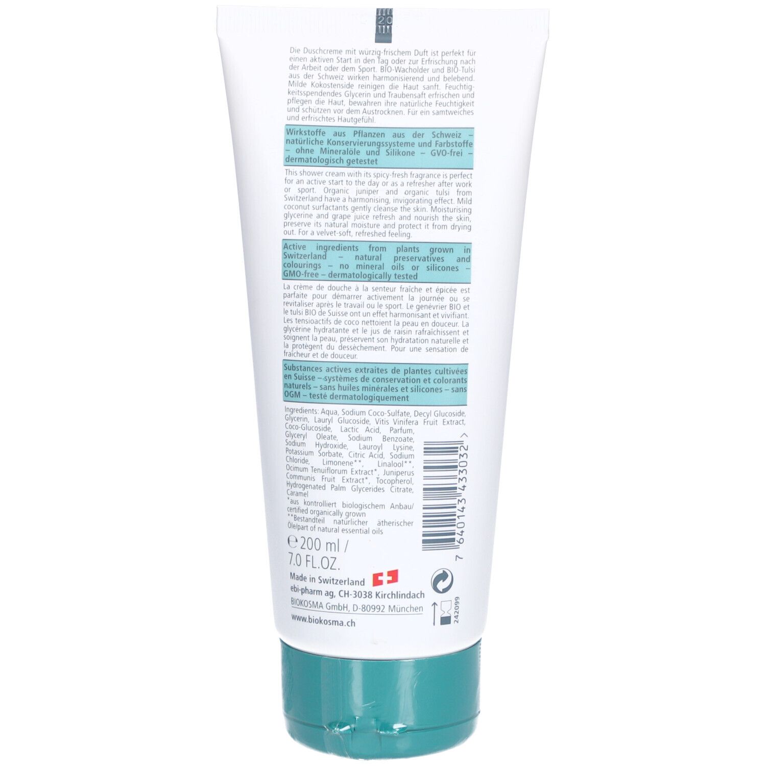 Dos du tube Biokosma Shower Cream. Texte, ingrédients, indication de volume 200 ml.