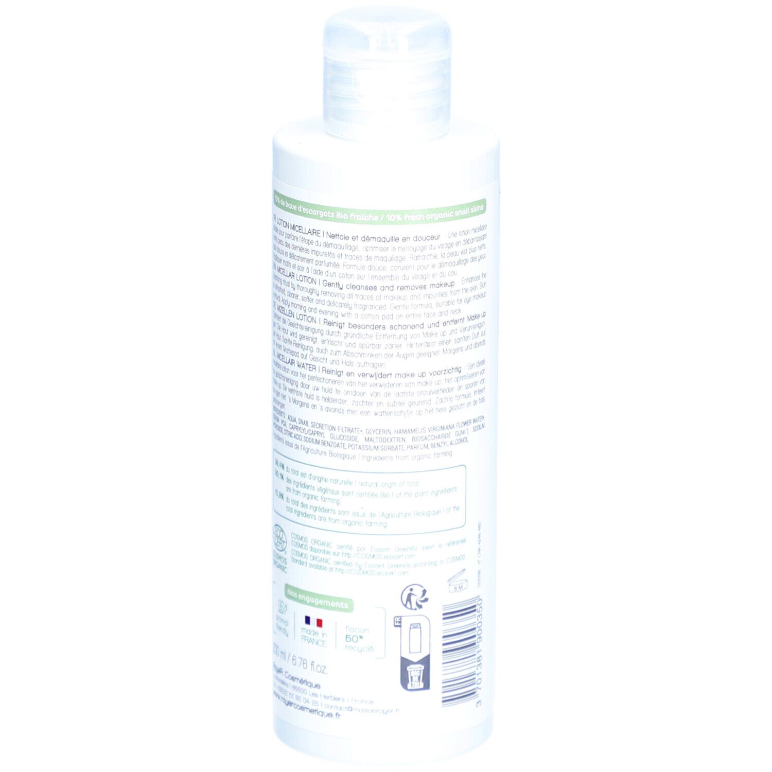 Dos du flacon blanc. Texte multilingue. Logo "Cosmétique Bio". Indication de volume : 200 ml.