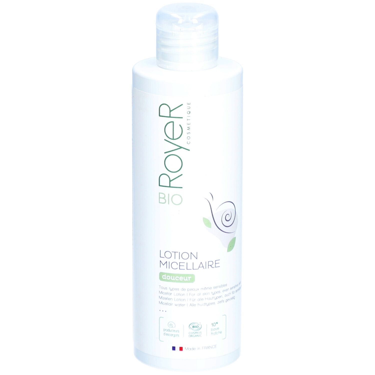 Flacon blanc "Royer Bio" et "Lotion Micellaire". Symbole d'escargot. Bouchon et flacon en plastique.