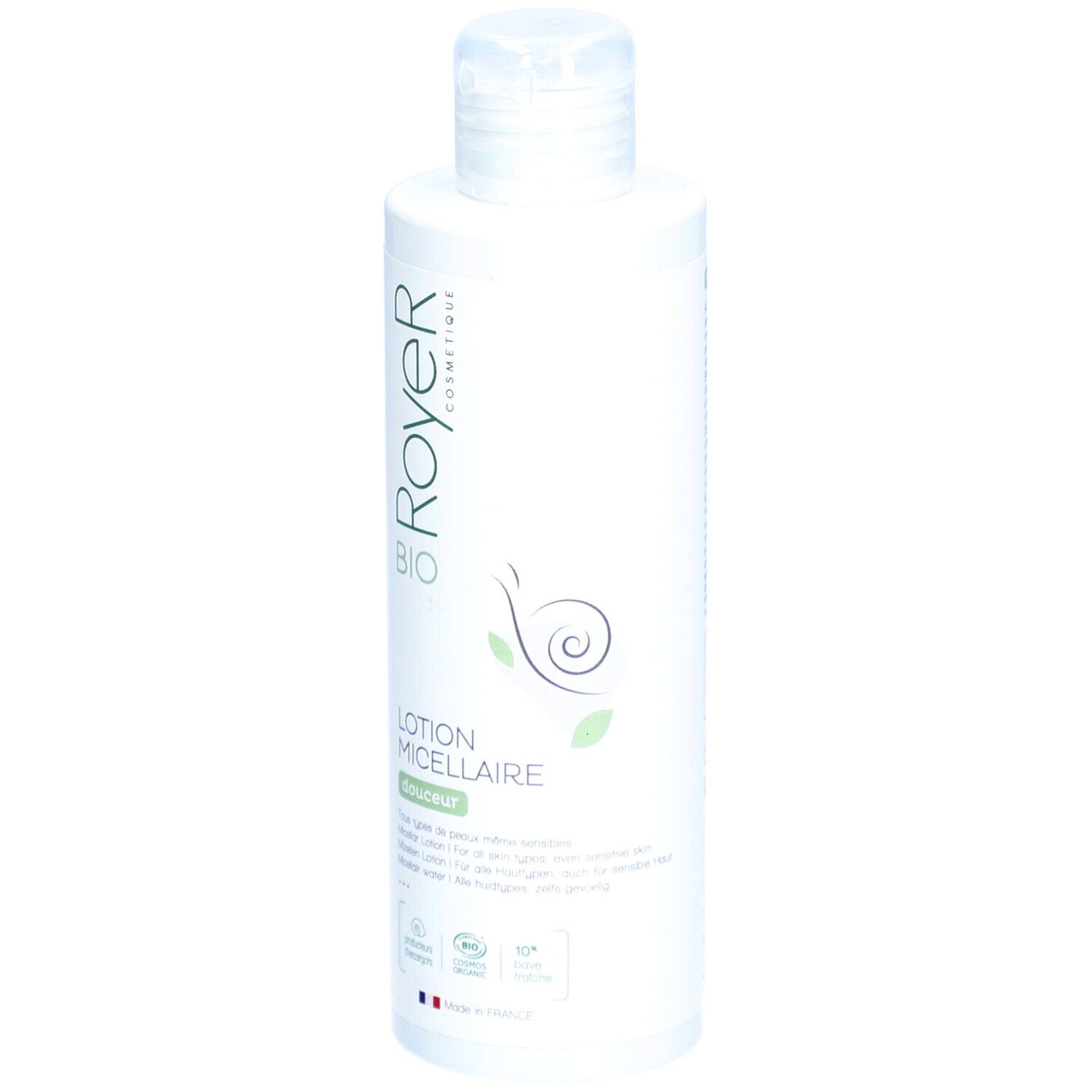 Flacon blanc avec bouchon rabattable. Inscription: Royer Bio, Lotion Micellaire. Logo d'escargot. Certifications.