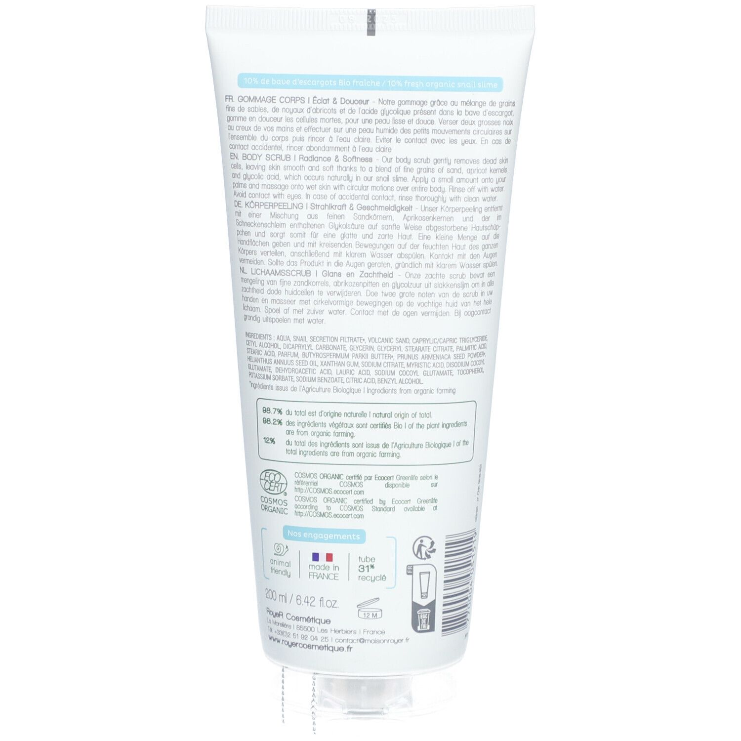 Tube blanc et bleu. Texte multilingue. Certification COSMOS ORGANIC. Fabriqué en France. Volume : 200 ml.