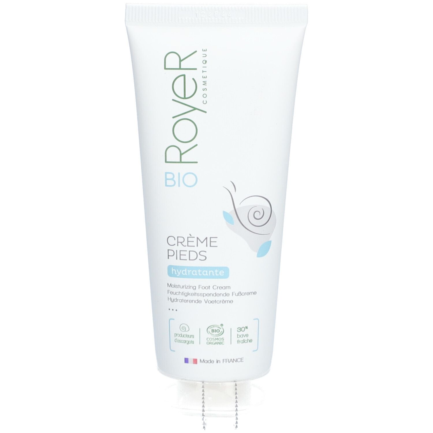 Tube blanc avec logo vert et texte. "Crème Pieds hydratante" et illustration d'escargot. Certification Bio.