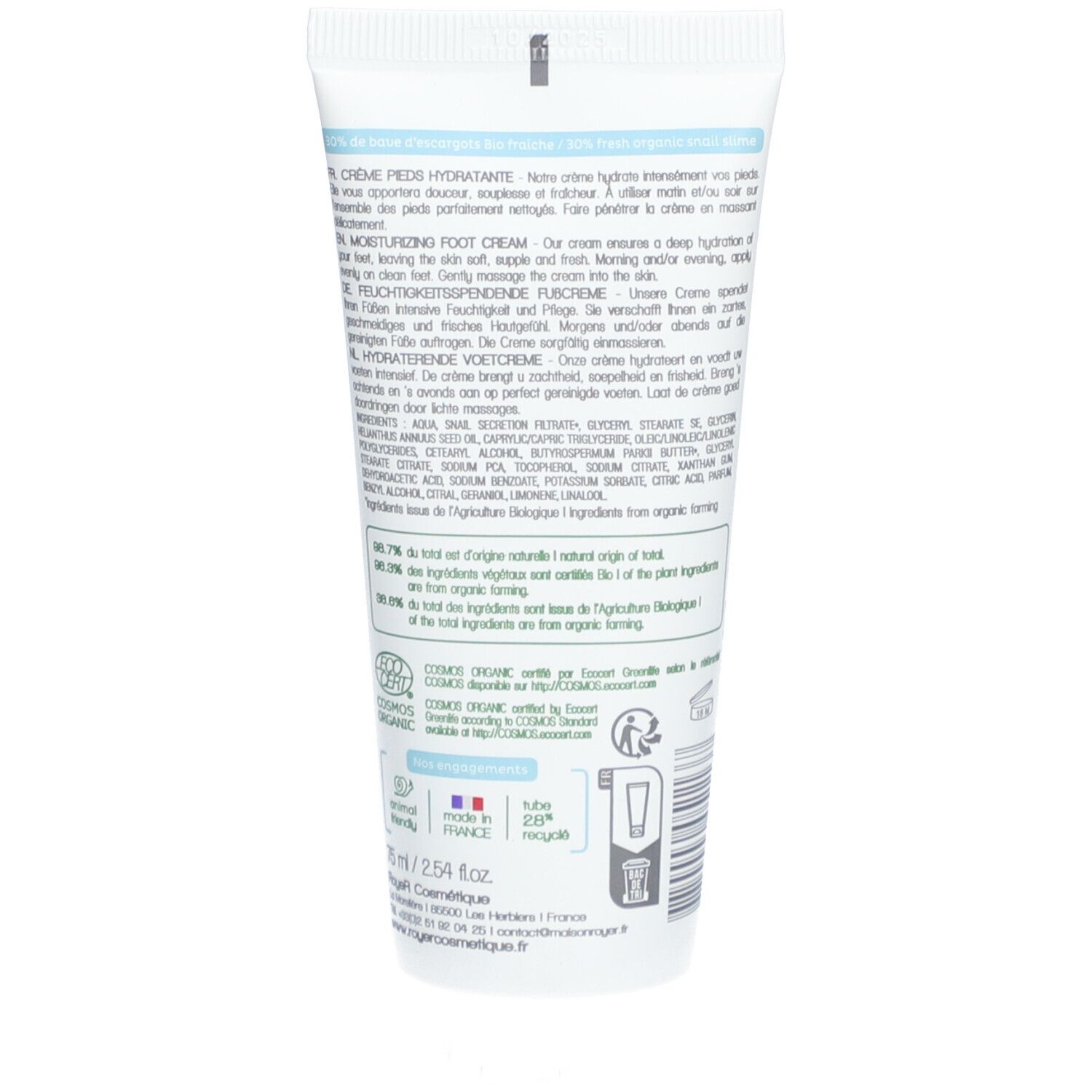 Tube blanc avec texte et logos. Inscription : crème, crème pour les pieds, 75 ml. Certification COSMOS ORGANIC.