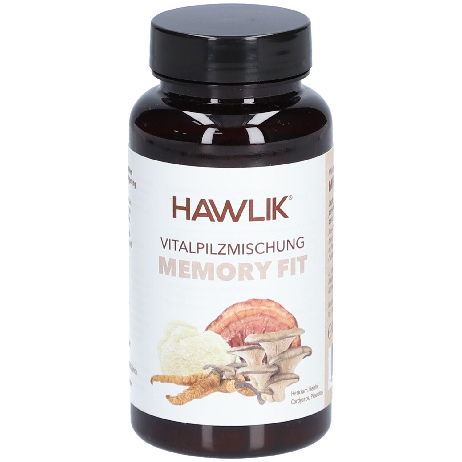 Flacon brun avec bouchon noir. Inscription: HAWLIK Vitalpilzmischung Memory Fit. Illustration de champignons.