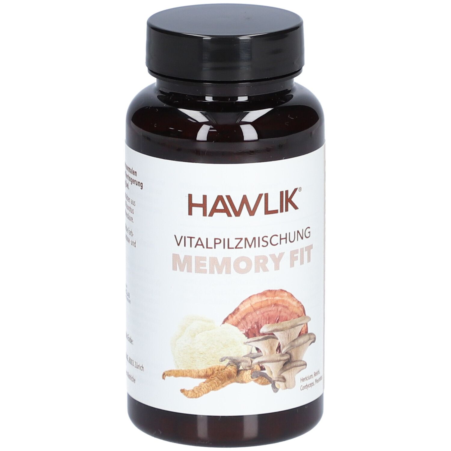 Flacon brun avec bouchon noir. Inscription: HAWLIK Vitalpilzmischung Memory Fit. Illustration de champignons.