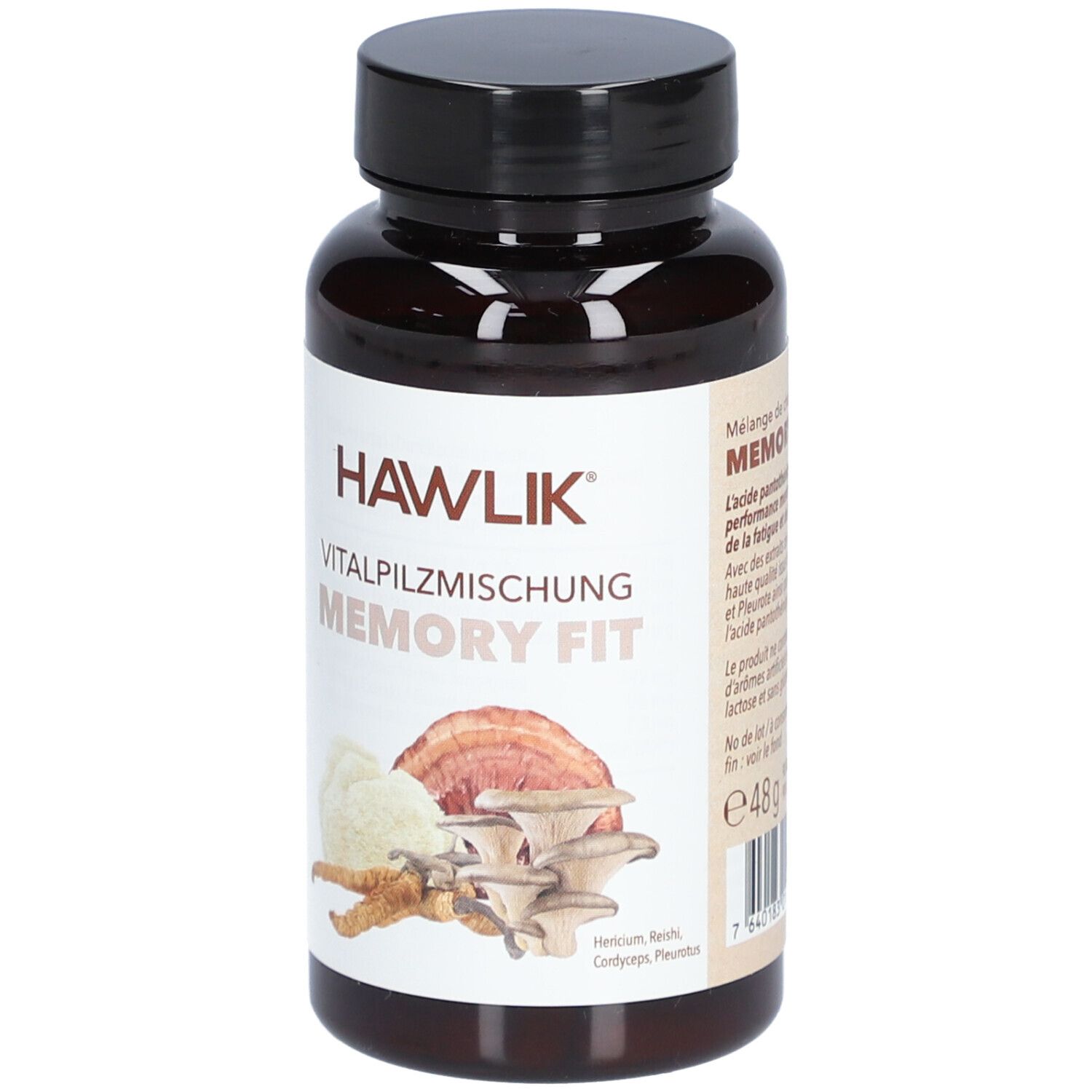 Flacon brun avec bouchon noir. Inscription: HAWLIK Vitalpilzmischung Memory Fit. Illustration de champignons. Contenu: 48g.