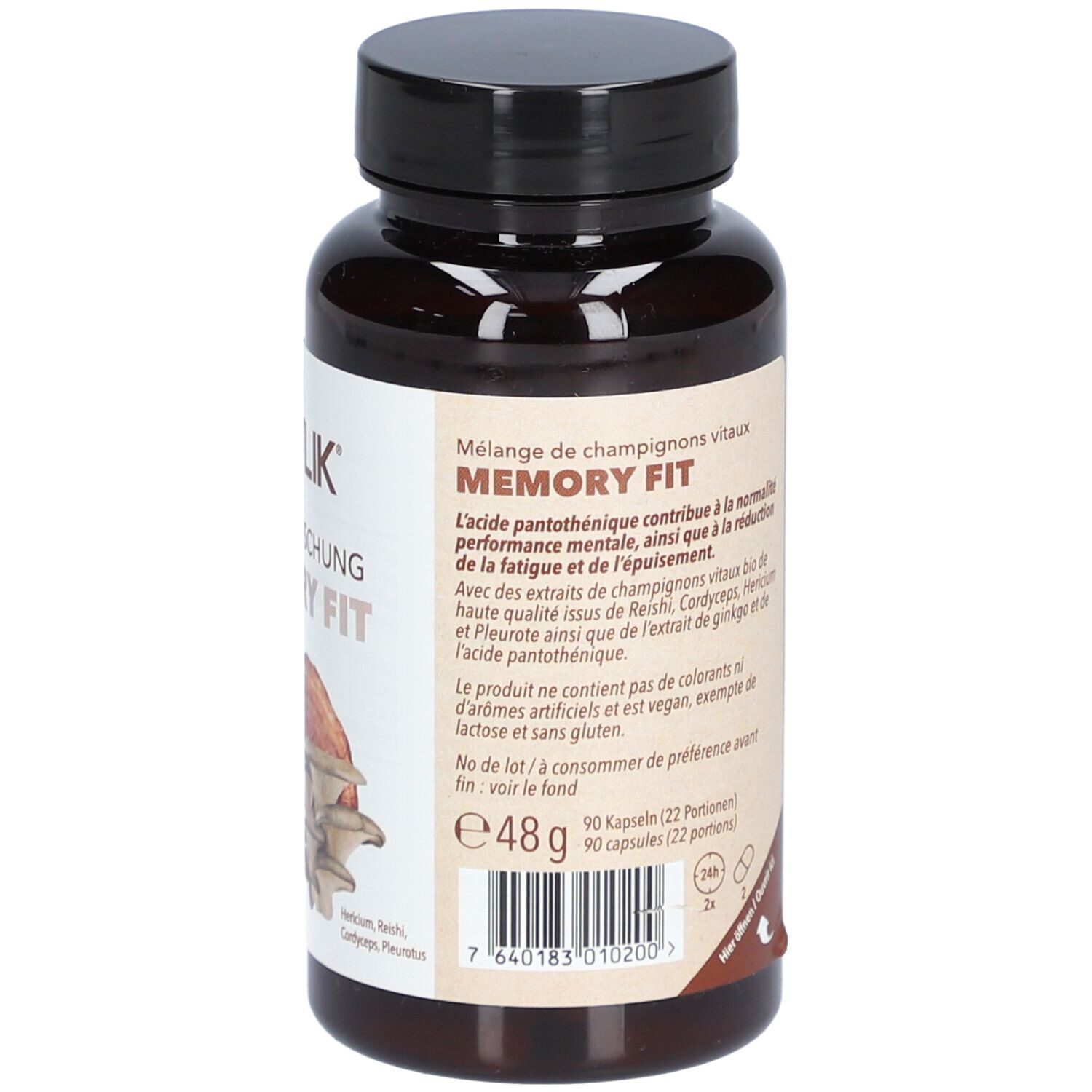 Dos du flacon. Texte: informations sur les ingrédients et certifications. Contenu: 90 gélules, 48g. Logo: Vegan, sans gluten.