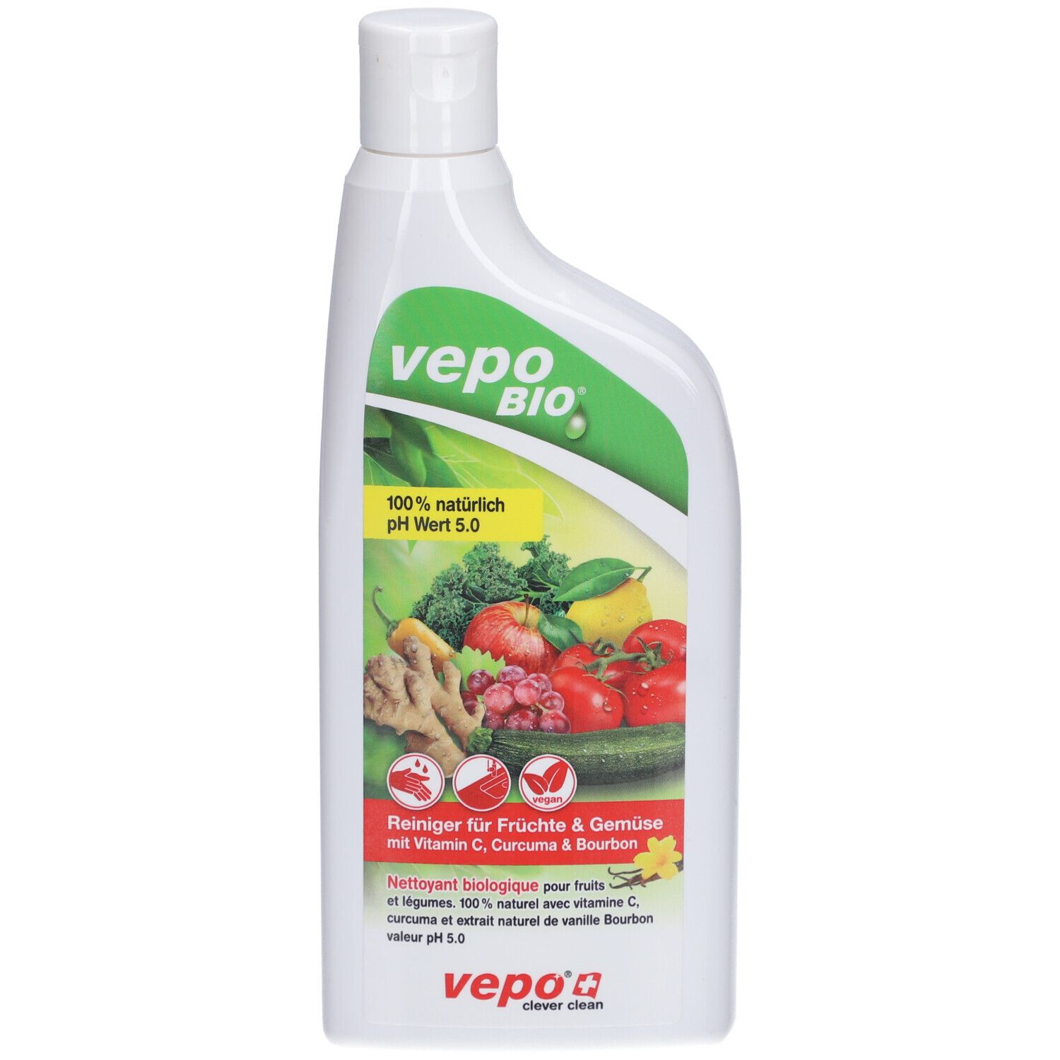 Flacon vepo® bio. Étiquette verte et blanche avec légumes. Texte: Nettoyant pour fruits & légumes, vitamine C, curcuma.