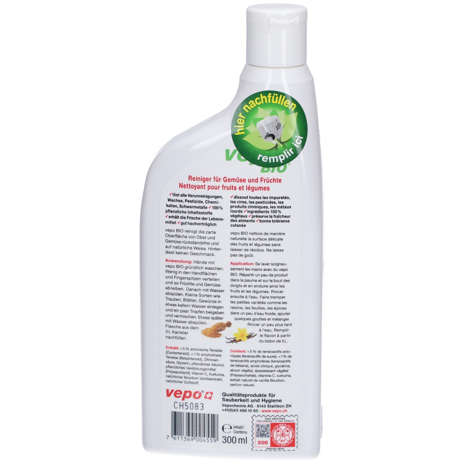 Dos du flacon vepo® bio. Texte: Nettoyant pour fruits et légumes. Ingrédients et instructions d'utilisation.