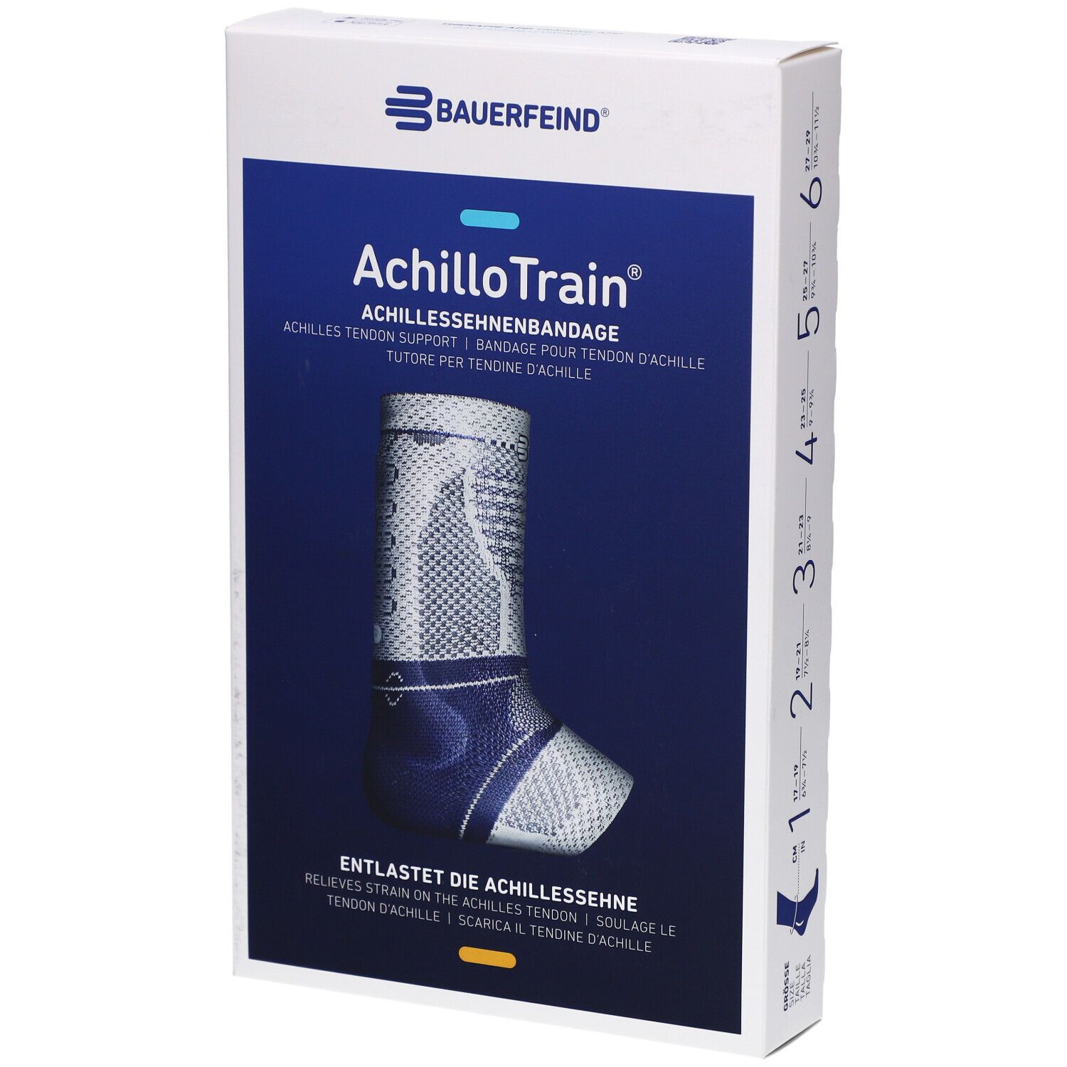 Emballage AchilloTrain. Nom du produit et logo visibles. Indication de taille sur le côté.