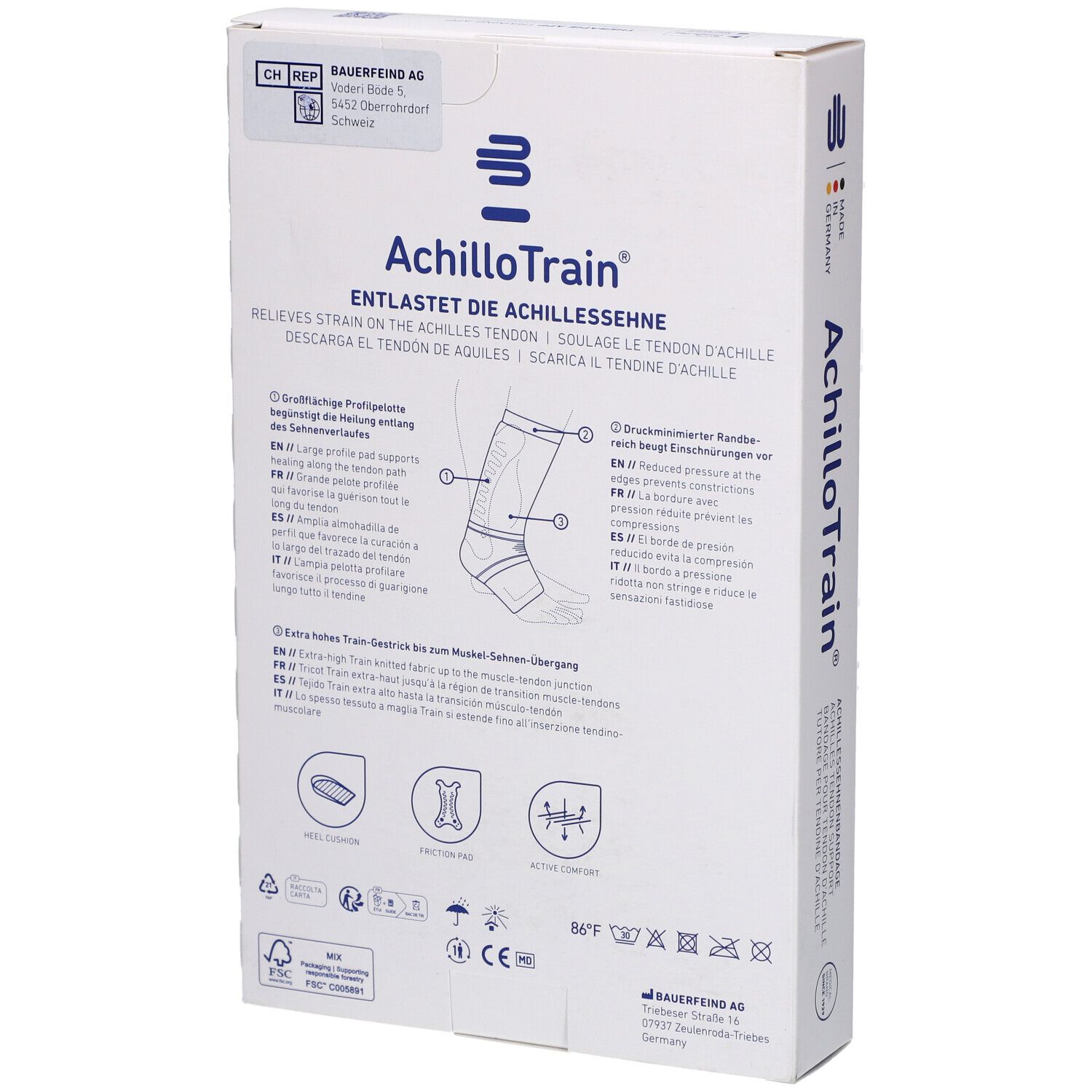 Dos de l'emballage AchilloTrain. Nom du produit et logo visibles. Illustrations et texte.
