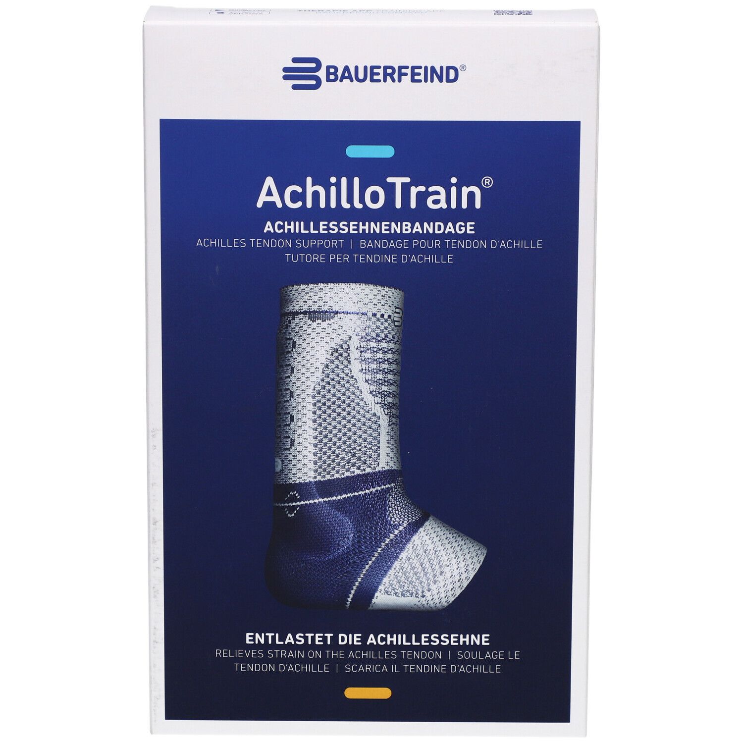 Bandage AchilloTrain sur emballage. Nom du produit et logo visibles. Design bleu.