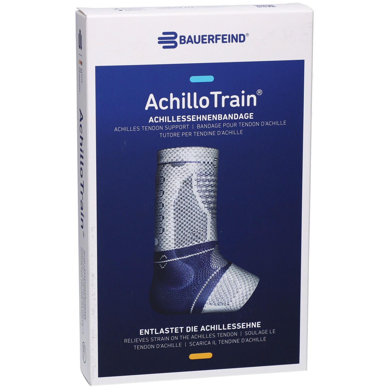 Bandage AchilloTrain sur emballage. Nom du produit et logo visibles. Design bleu.