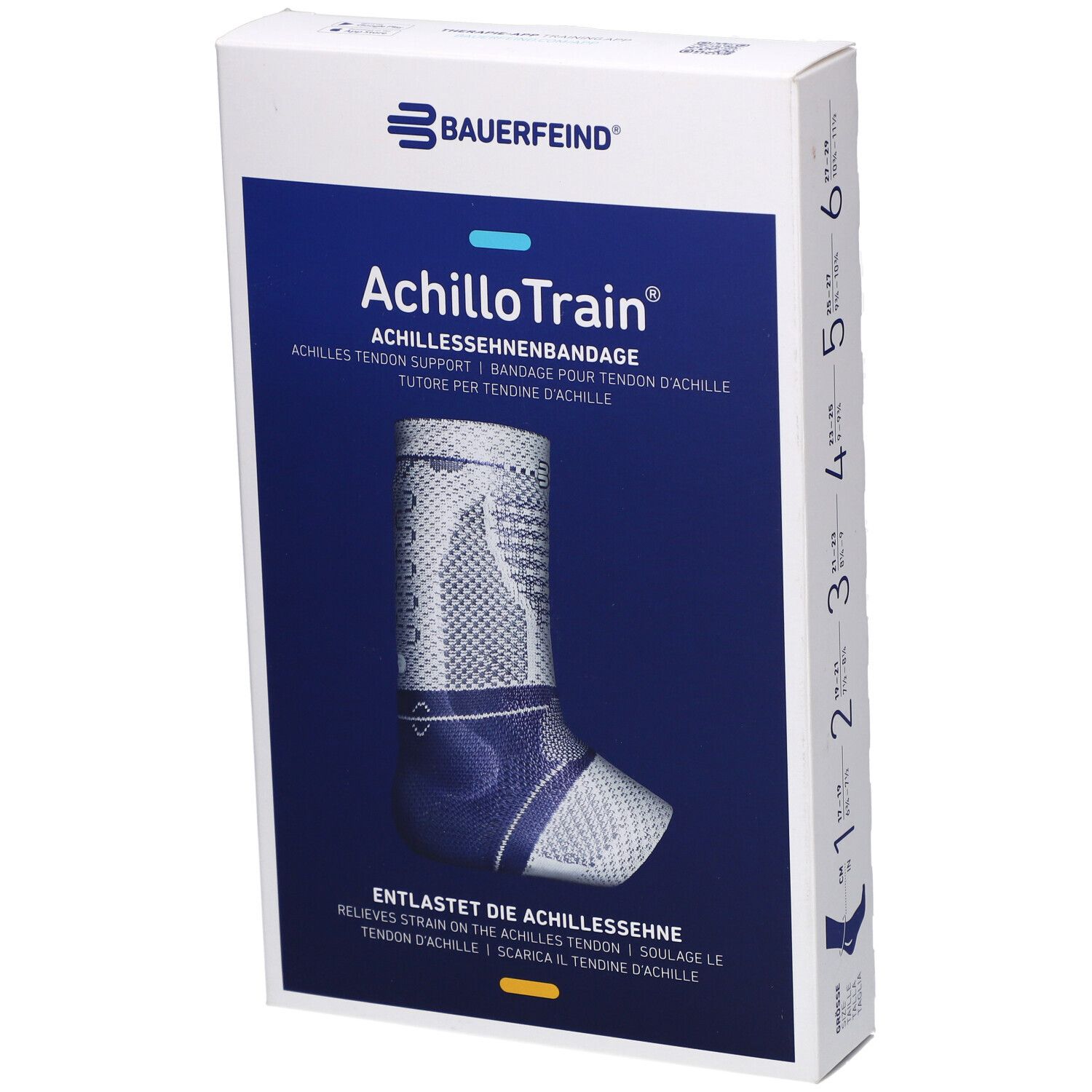 Emballage Bauerfeind AchilloTrain®. Design bleu et blanc. Indications de taille sur le côté.