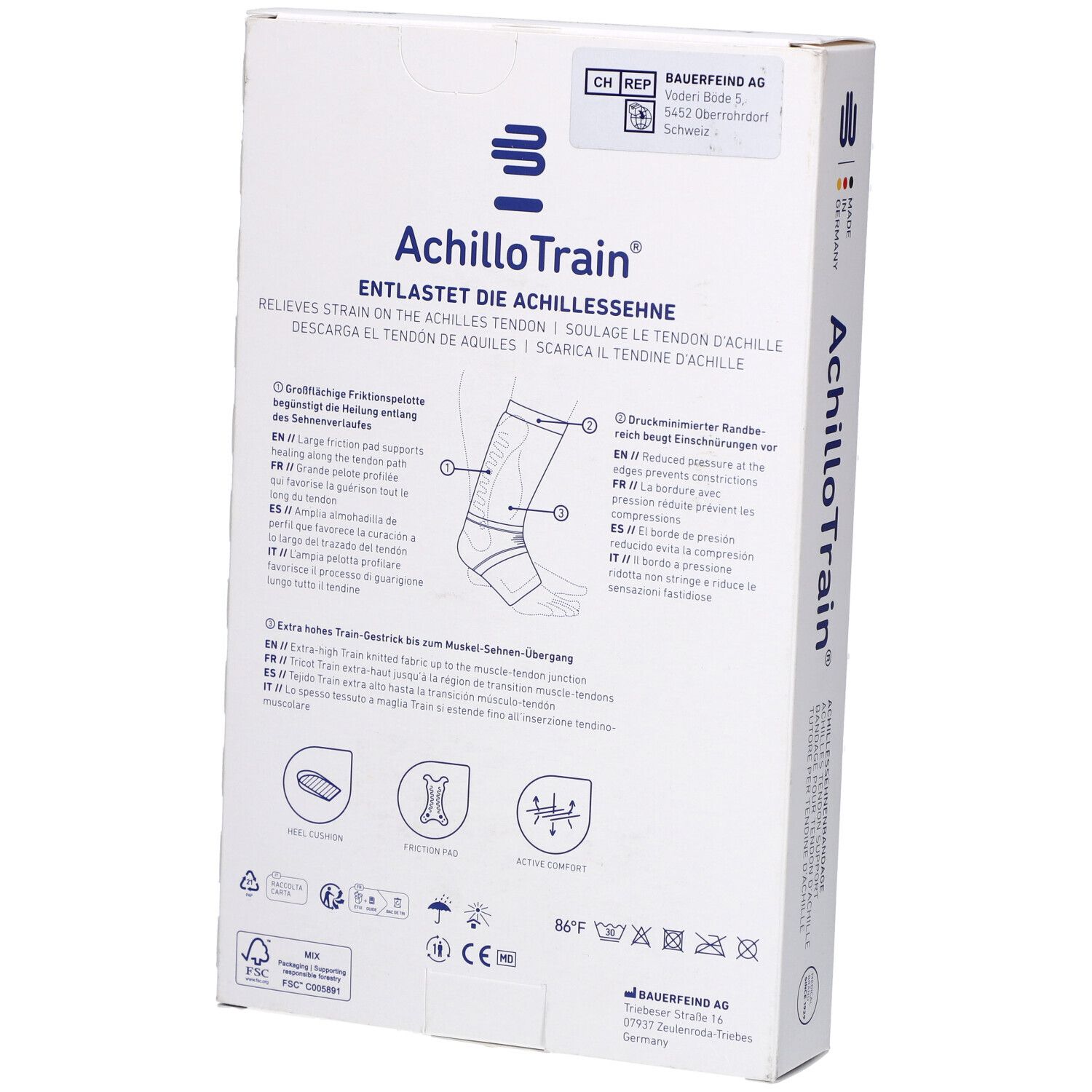 Dos de l'emballage Bauerfeind AchilloTrain®. Illustration et description du produit.