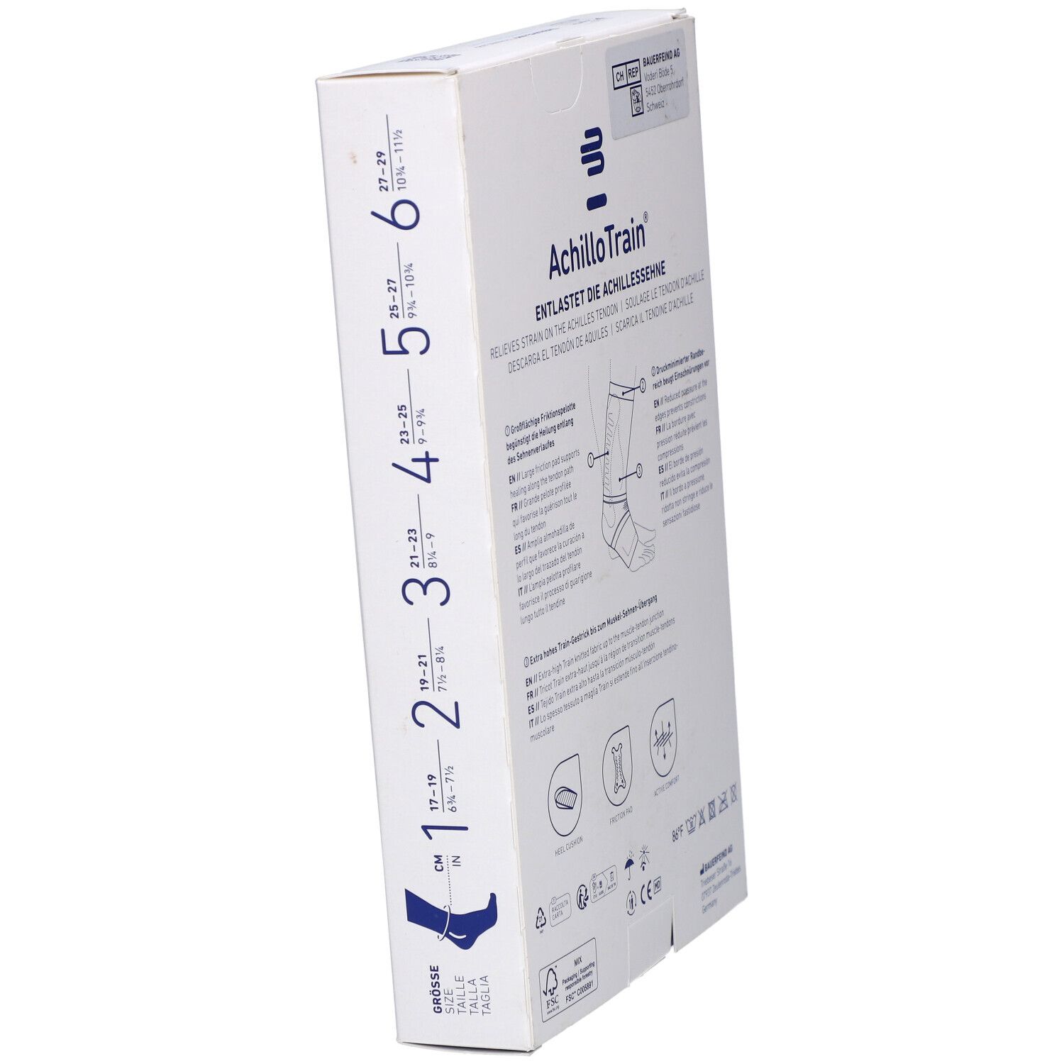 Emballage Bauerfeind AchilloTrain®, vue latérale avec indications de taille. Tailles 1-6.
