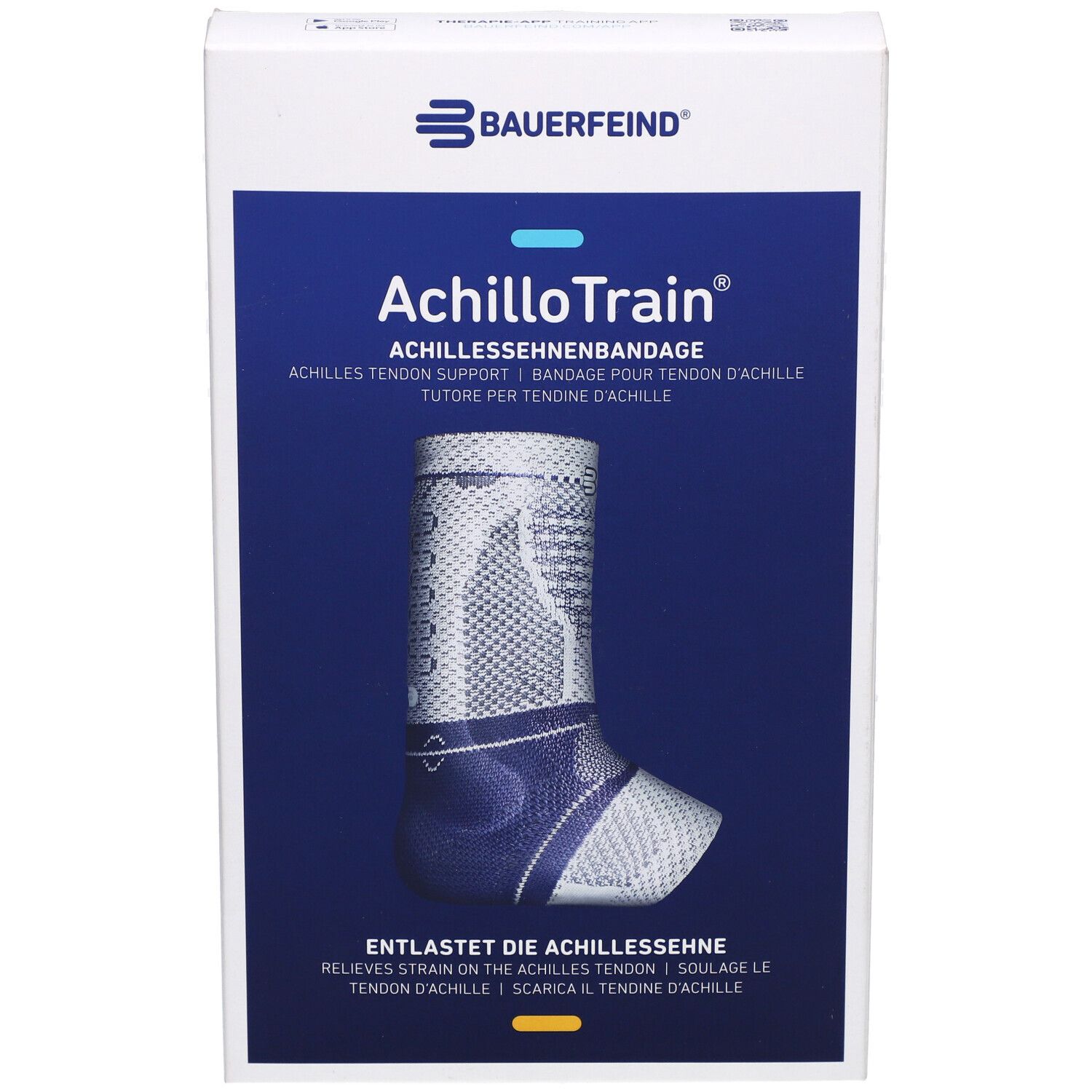 Emballage Bauerfeind AchilloTrain®. Design bleu et blanc, illustration du produit.