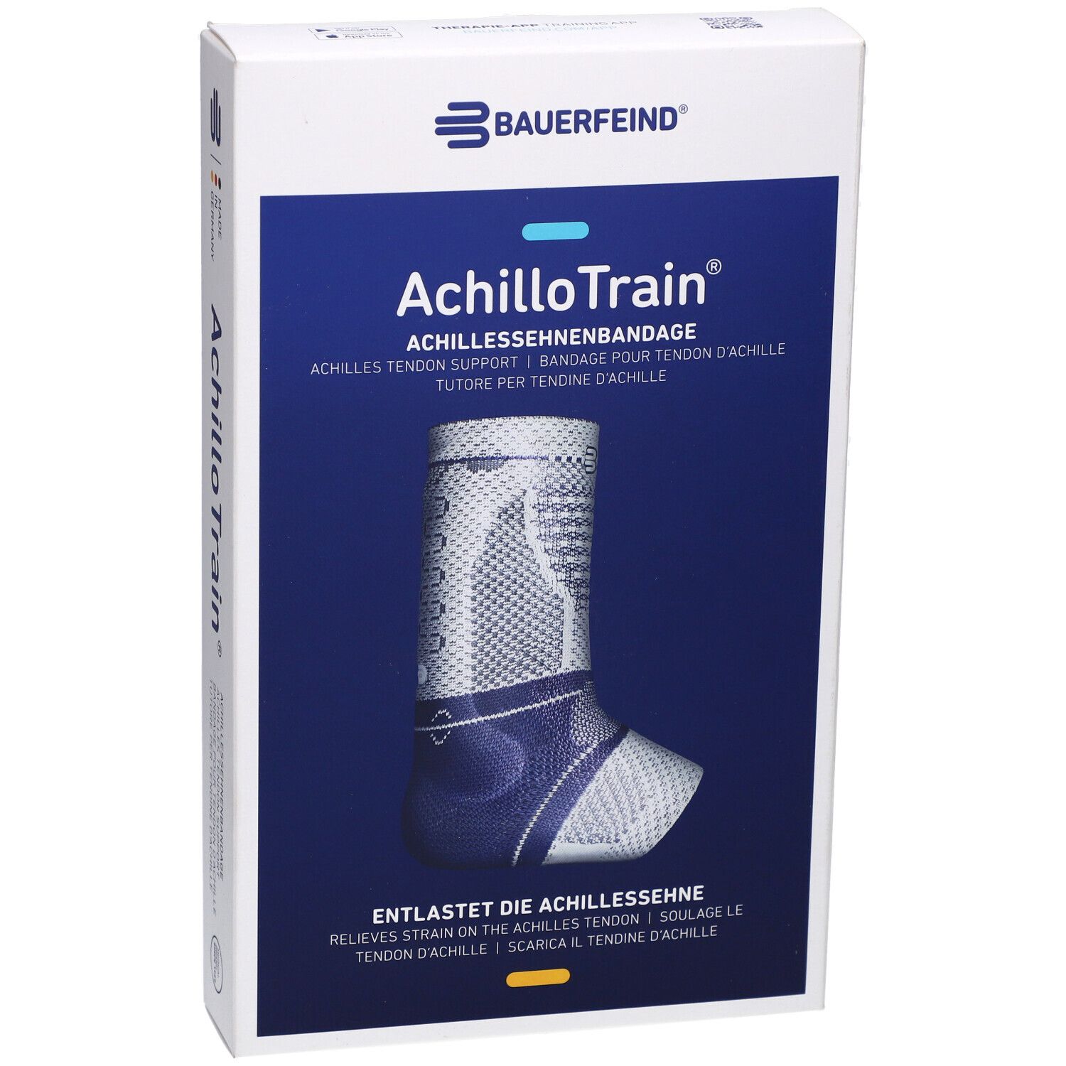 Emballage Bauerfeind AchilloTrain®. Design bleu et blanc, vue du produit.