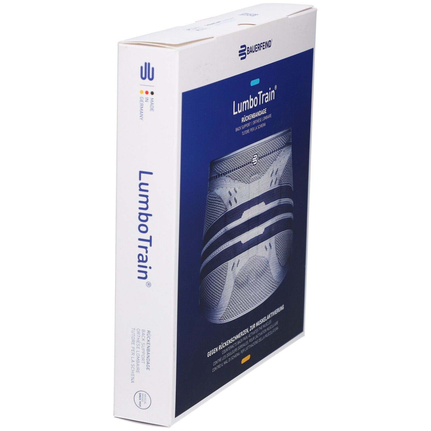 Vue latérale de l'emballage BAUERFEIND® LumboTrain®. Logo de la marque et nom du produit.