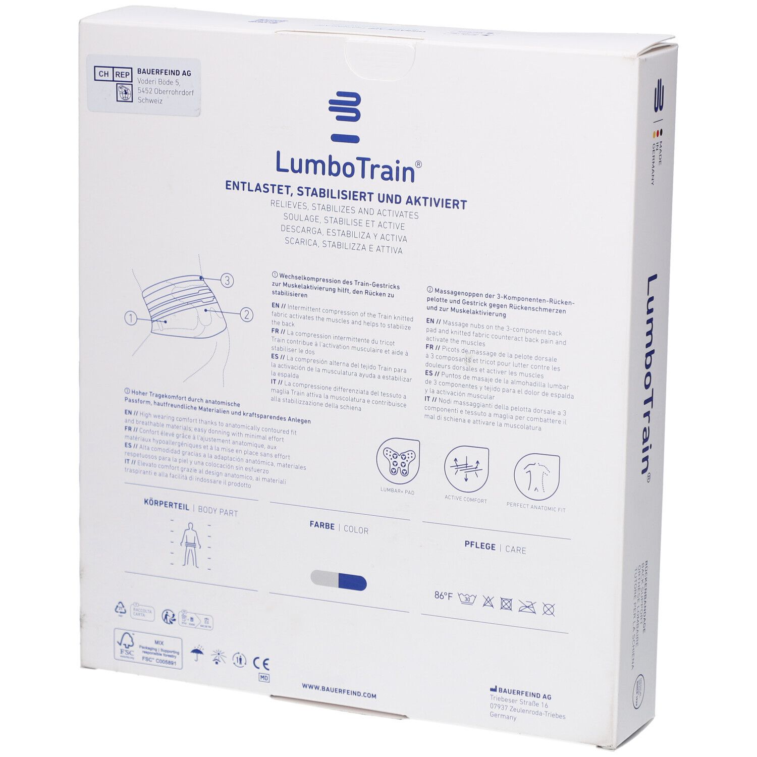 Dos de l'emballage BAUERFEIND® LumboTrain®. Informations sur le produit et instructions d'entretien.