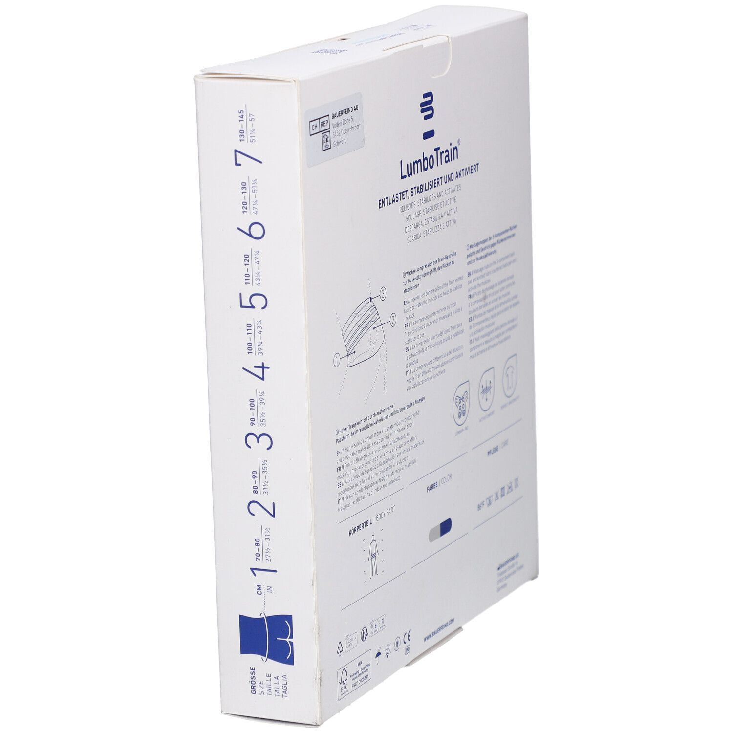 Vue latérale de l'emballage BAUERFEIND® LumboTrain®. Informations sur le produit et indications de taille.