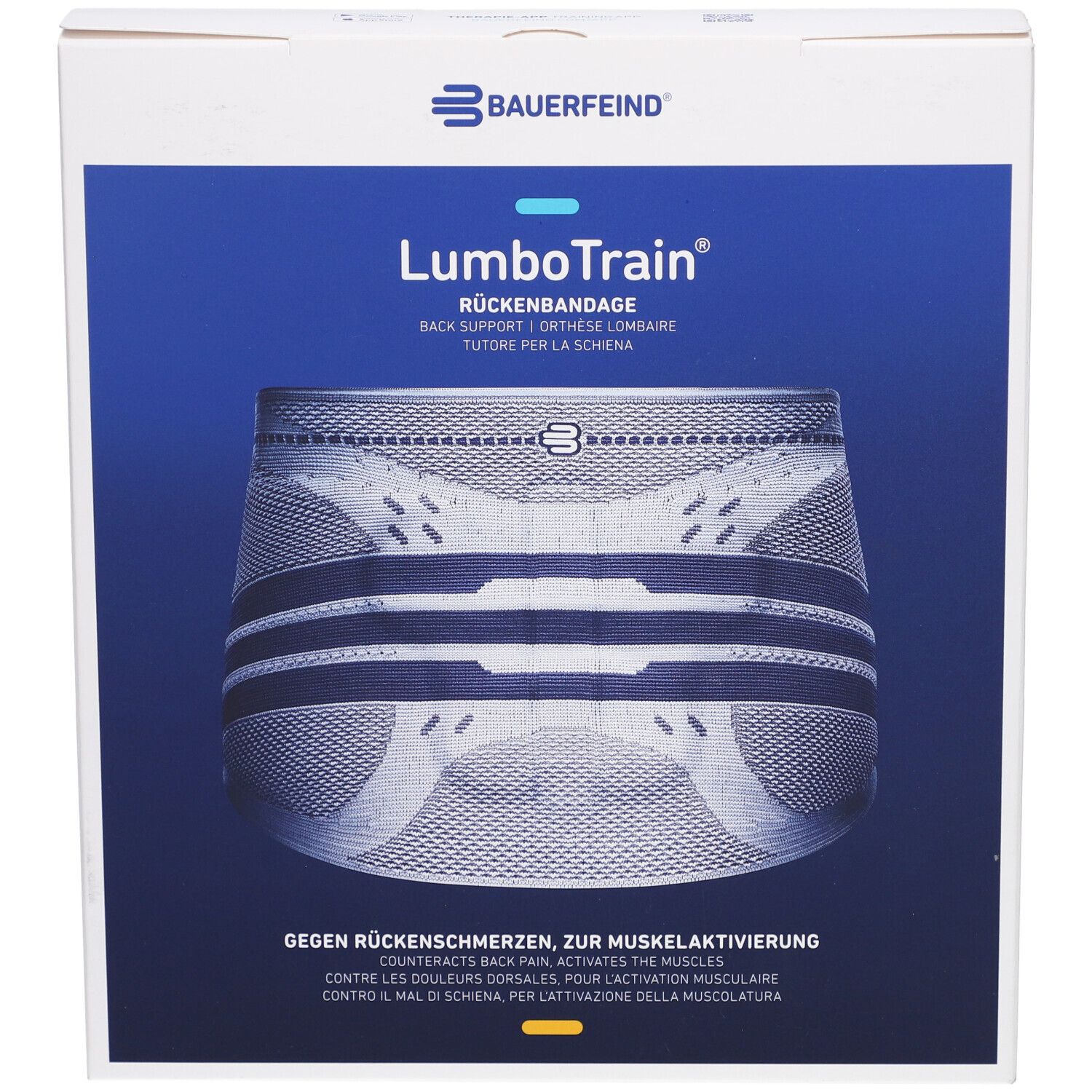 Vue de face de l'emballage BAUERFEIND® LumboTrain®. Image du produit et logo de la marque.