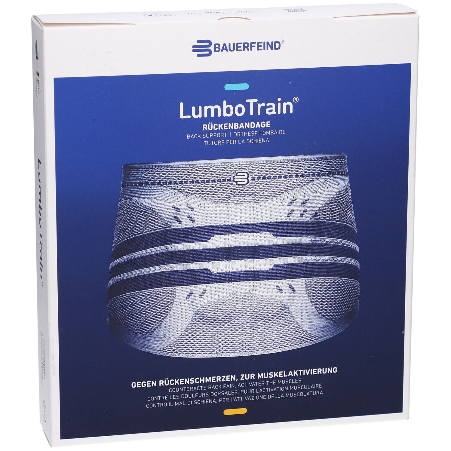 Vue de face de l'emballage BAUERFEIND® LumboTrain®. Image du produit et logo de la marque.