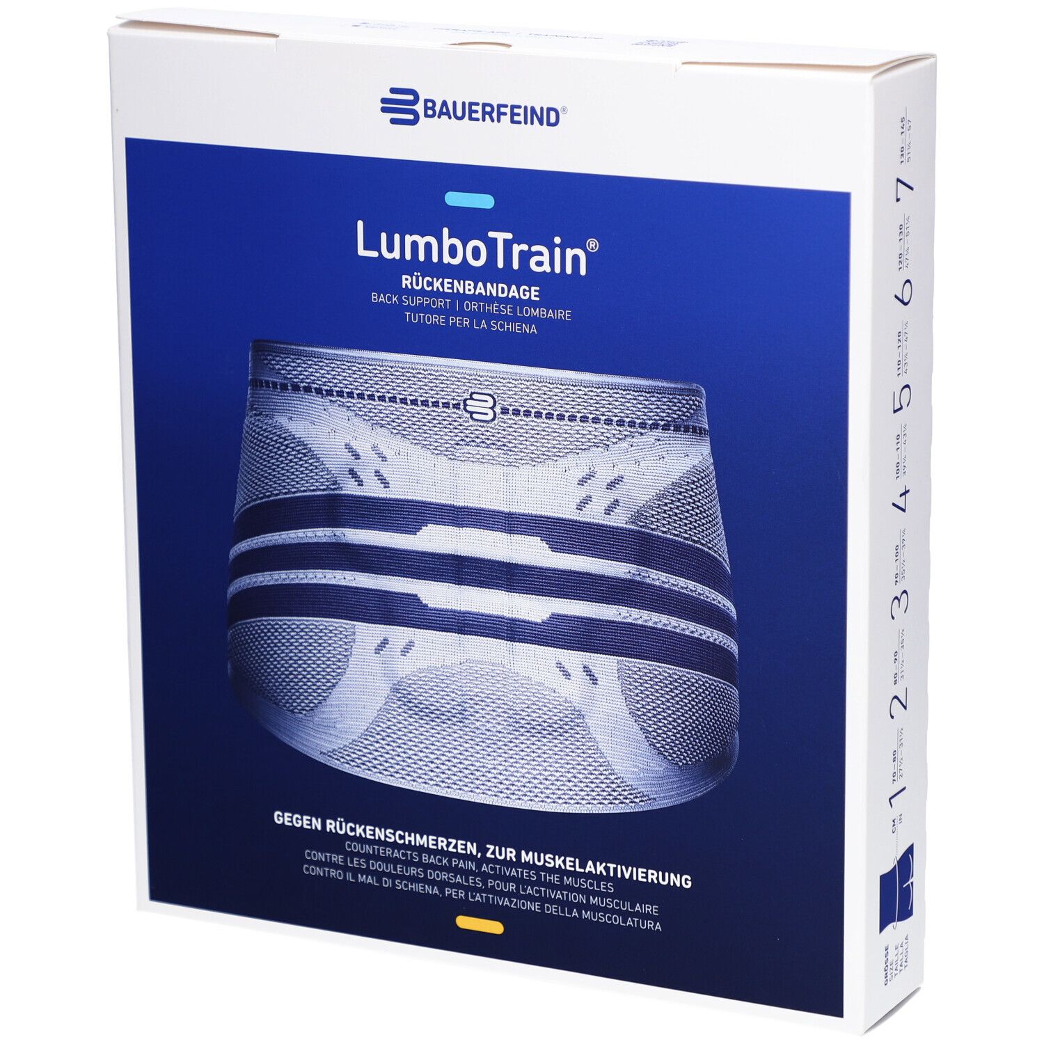 Emballage de la BAUERFEIND® LumboTrain®. Image du produit sur fond bleu. Texte : Support dorsal, activation musculaire.