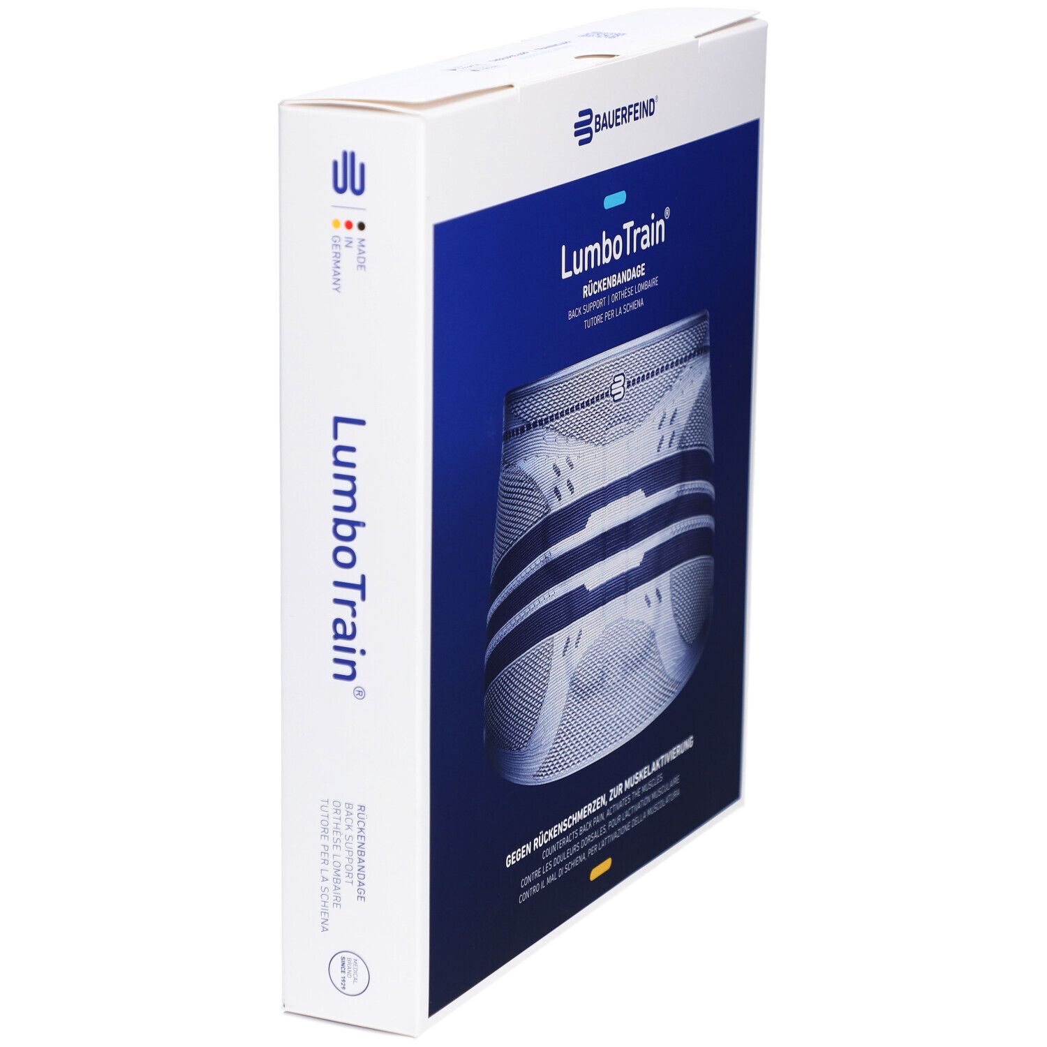 Emballage de la BAUERFEIND® LumboTrain®. Vue latérale. Logo, nom du produit et image du produit.