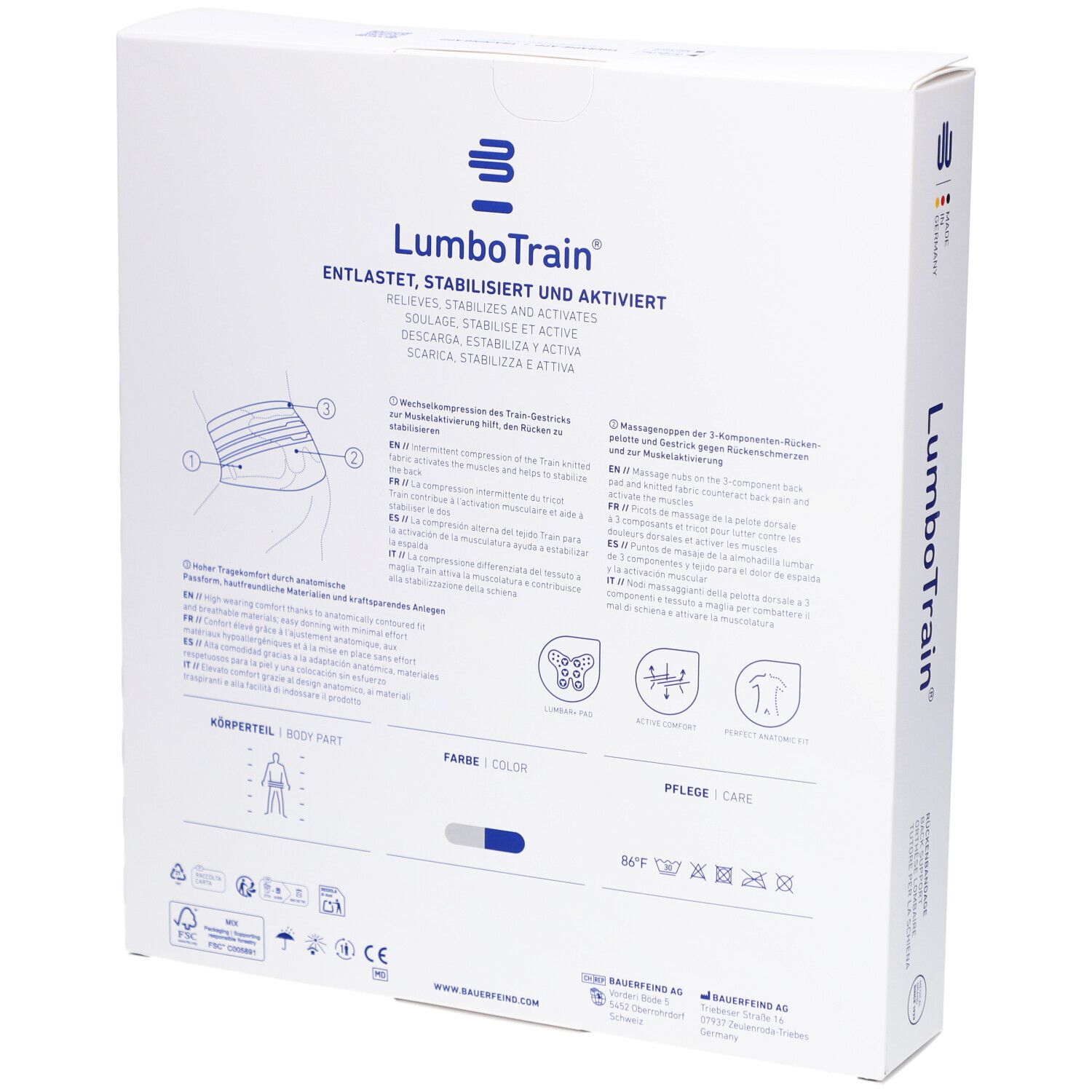 Dos de l'emballage de la BAUERFEIND® LumboTrain®. Informations sur le produit, illustrations et instructions d'entretien.