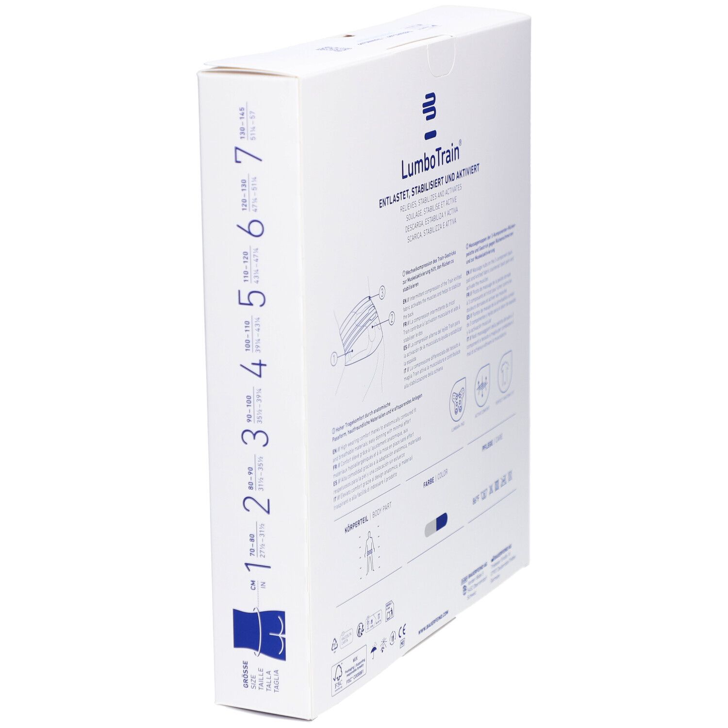Vue latérale de l'emballage de la BAUERFEIND® LumboTrain®. Informations sur les tailles et le produit.