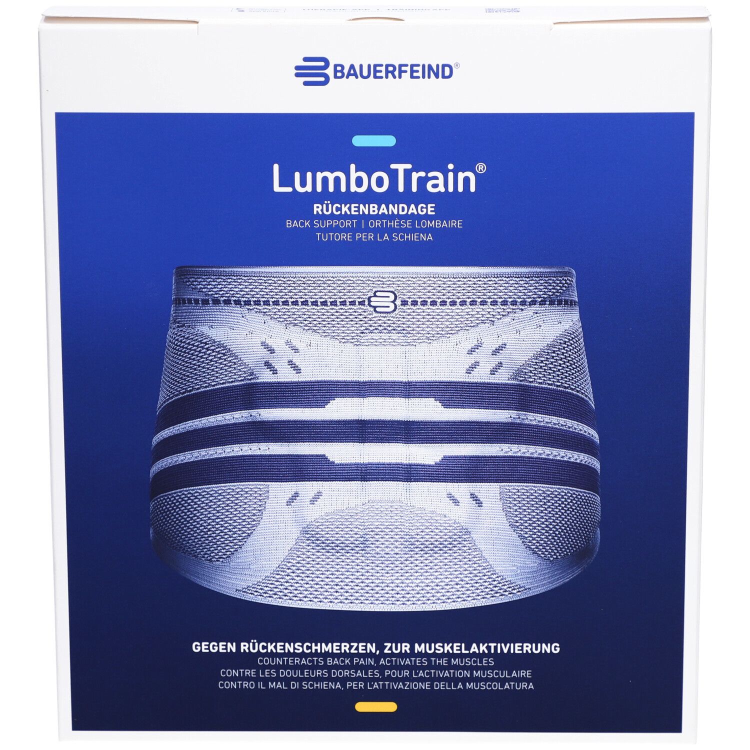 Emballage de la BAUERFEIND® LumboTrain®. Image du produit sur fond bleu. Logo et nom du produit.