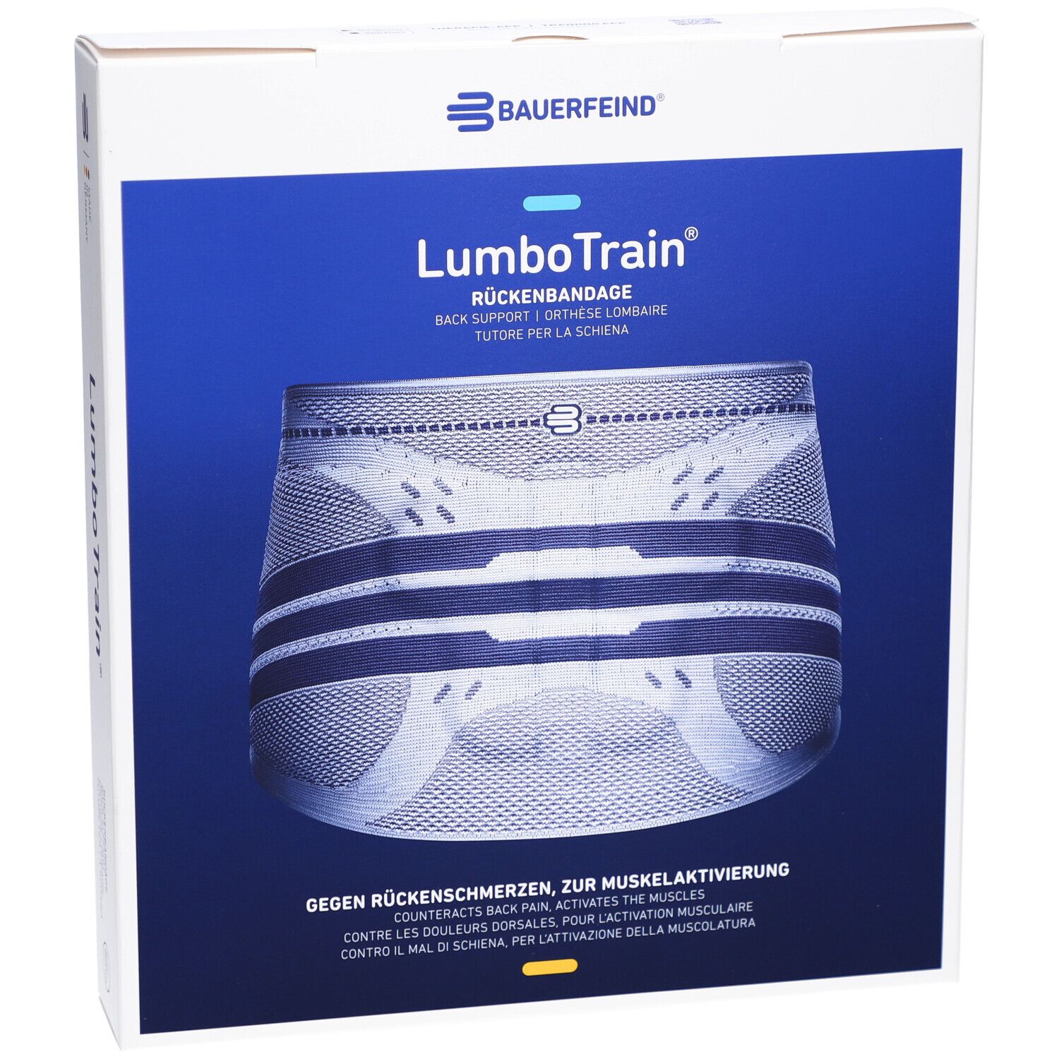 Emballage de la BAUERFEIND® LumboTrain®. Image du produit sur fond bleu. Logo et nom du produit.
