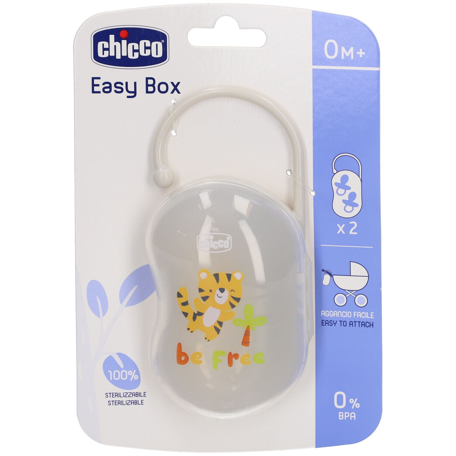 Boîte Chicco Easy Box. Boîte à sucette transparente avec motif tigre. Avec suspension. Emballage 0M+.
