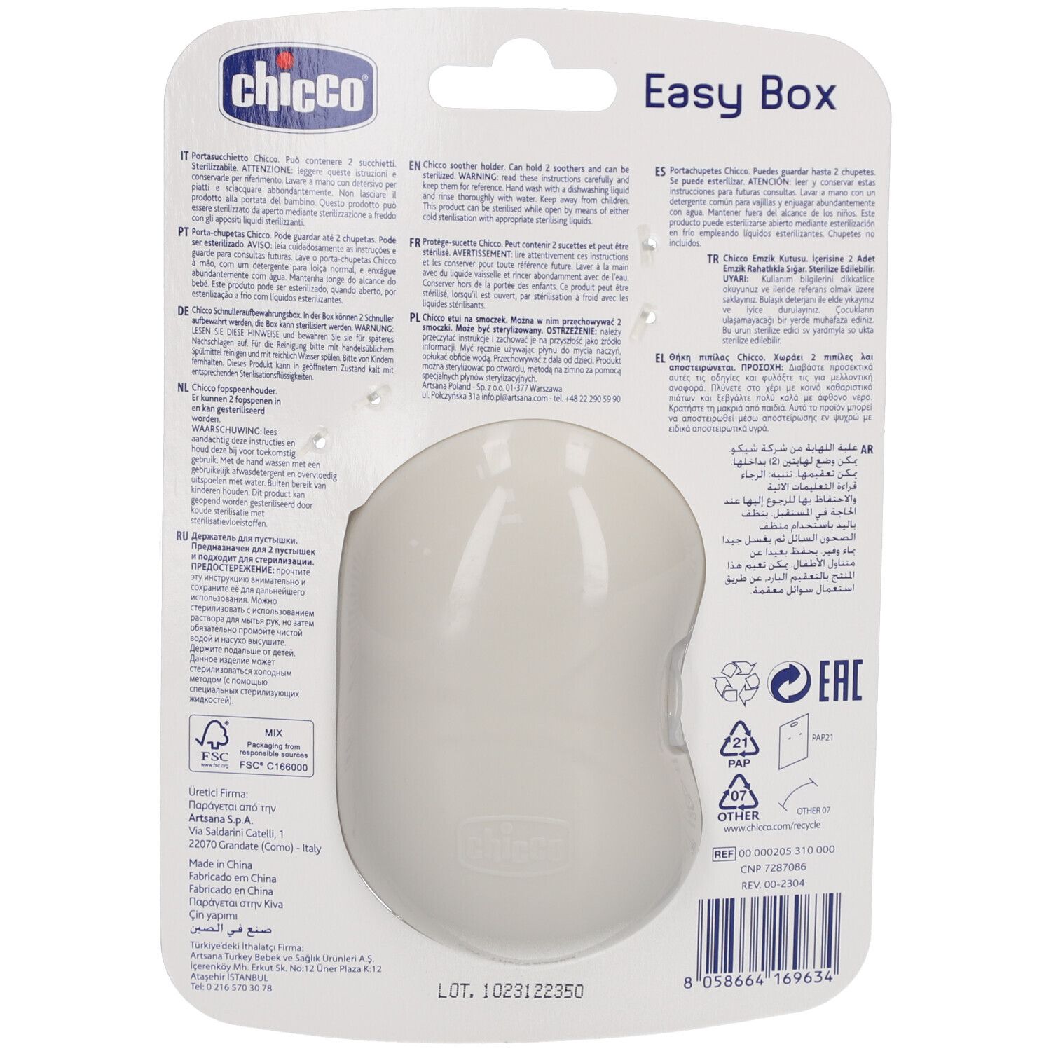 Dos de la boîte Chicco Easy Box. Boîte ovale blanche. Texte multilingue. Certification FSC.