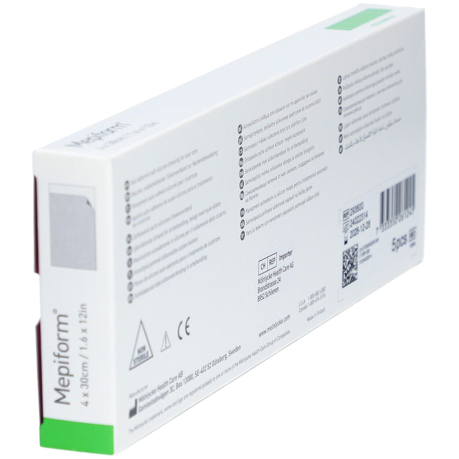 Dos de la boîte de Mepiform en biais. Blanc avec texte et logos. Numéro de lot et informations du fabricant.