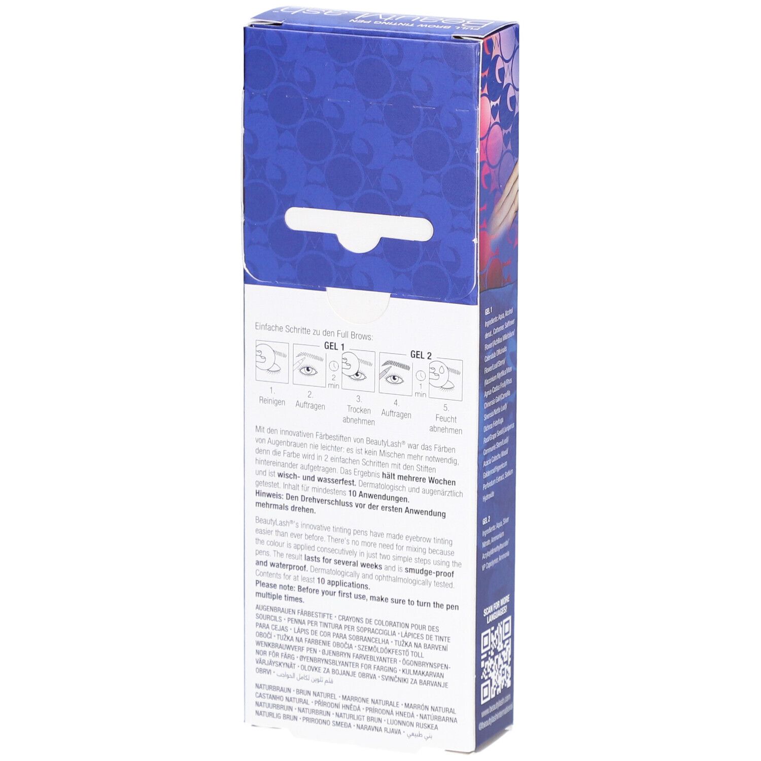 Dos de l'emballage BeautyLash Two Go. Étapes d'application et informations sont affichées.