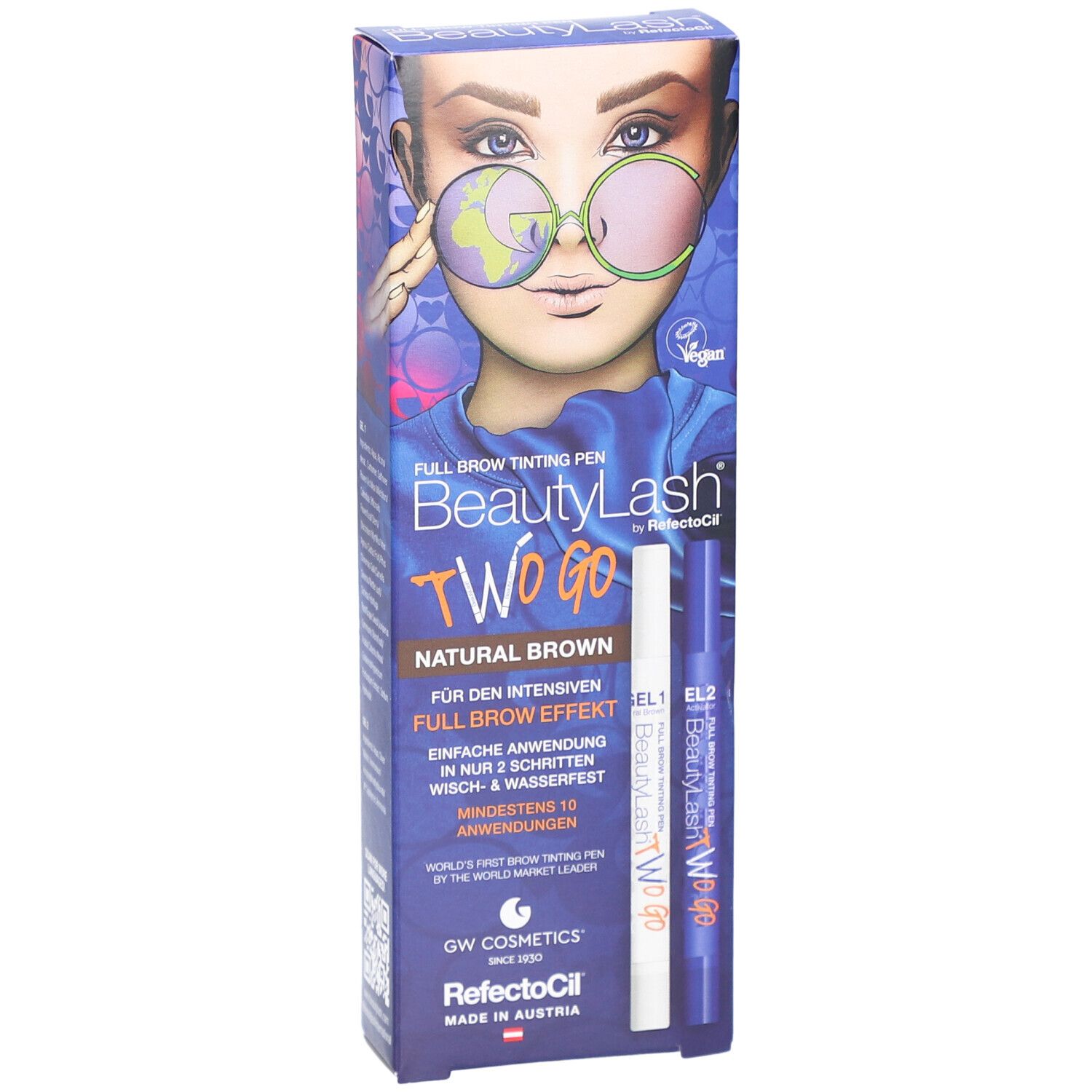 Emballage BeautyLash Two Go avec stylo et tube. Un visage avec des lunettes est représenté sur l'emballage.