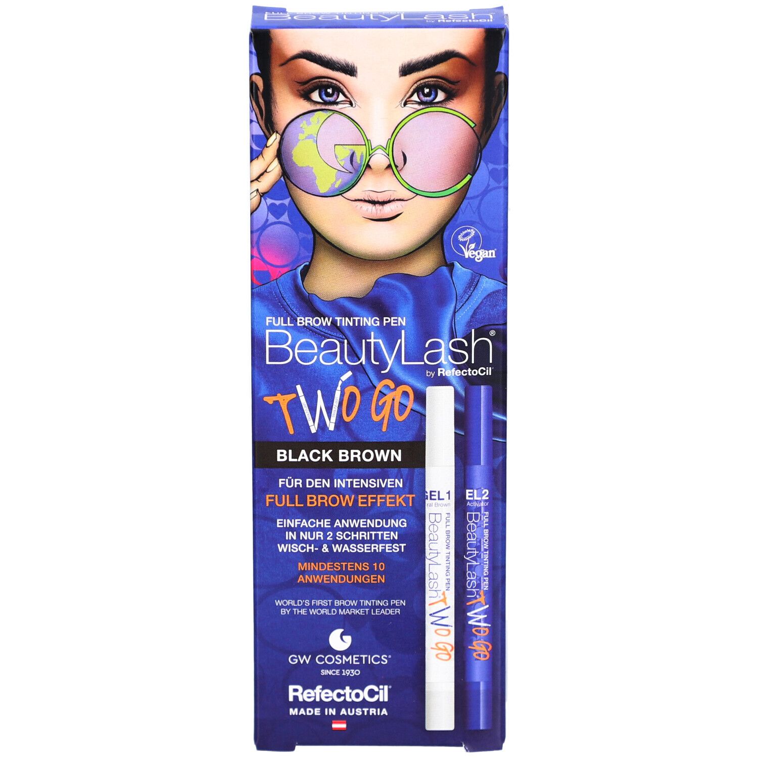 RefectoCil BeautyLash TWO GO Black Brown. Boîte avec stylos et illustration d'un visage.